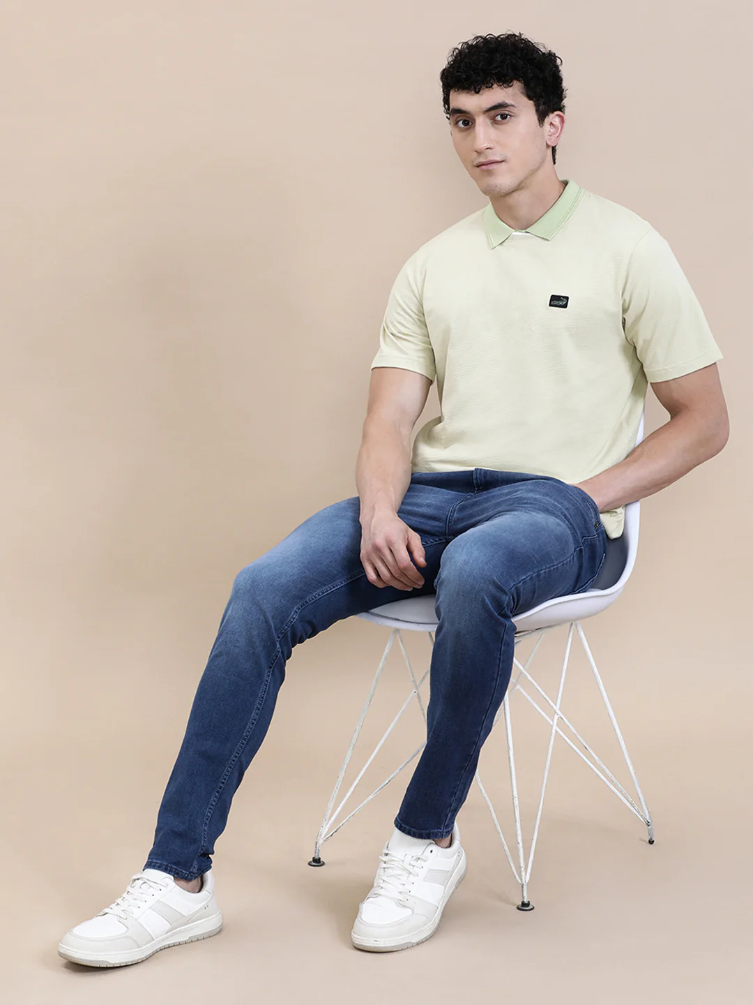 Cream Self-Structured Slim Fit T-Shirt