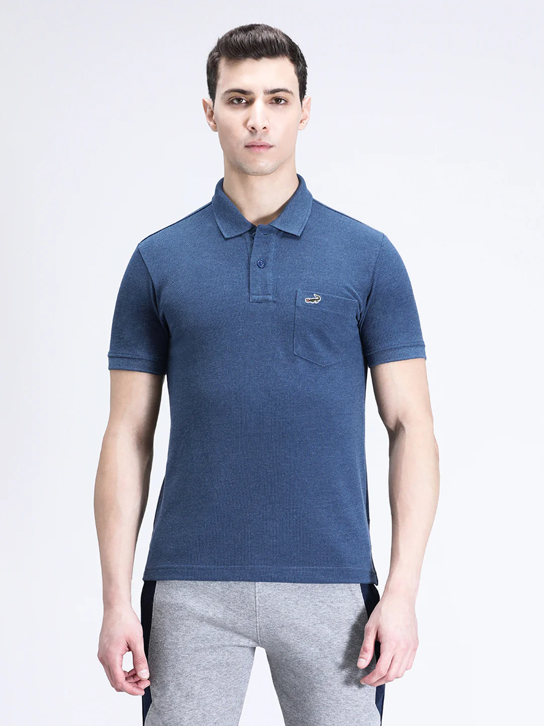 Denim Melange Blue Solid Polo T-Shirt with Pocket