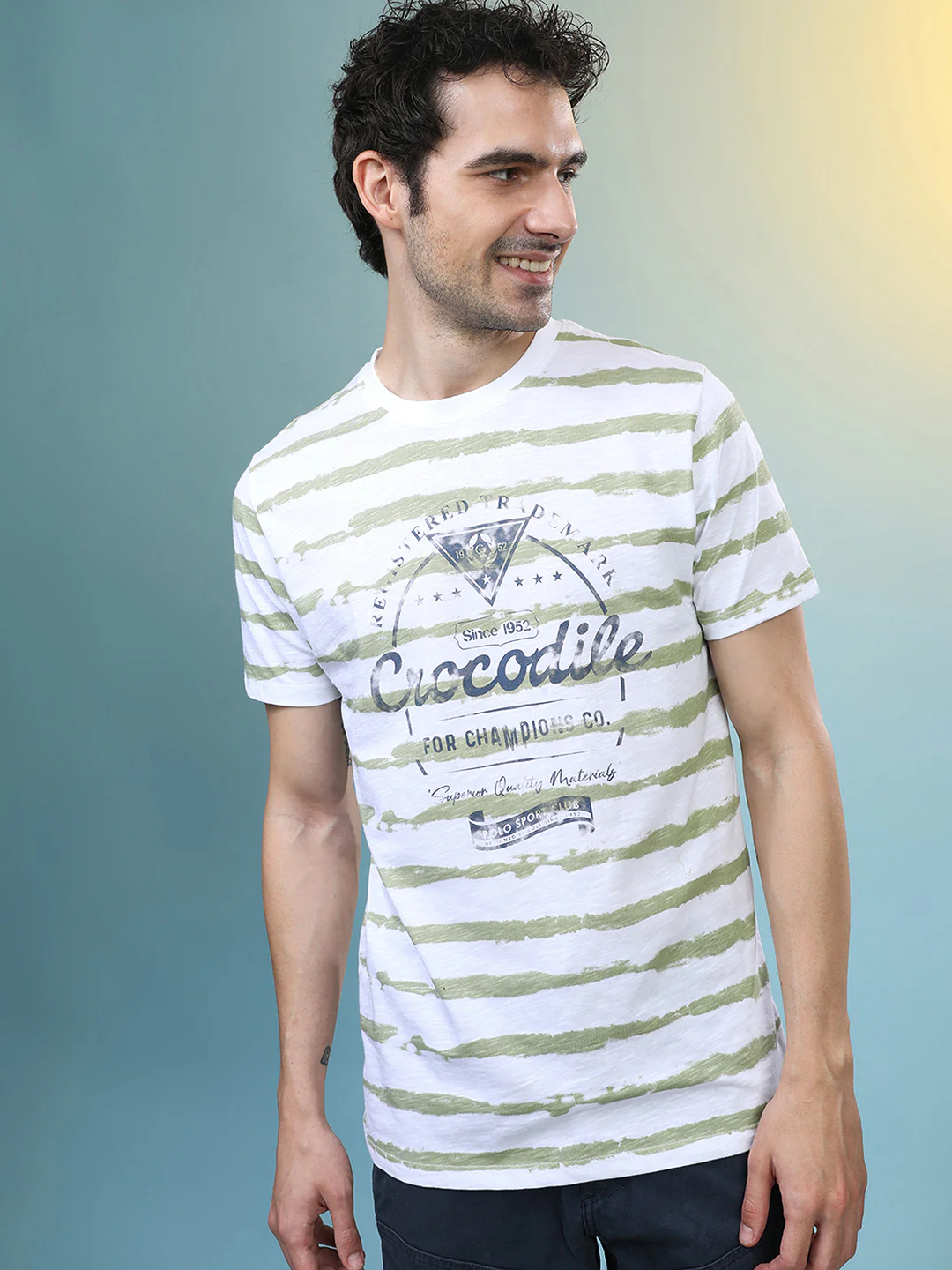 Green and White Striped Casual T-Shirt