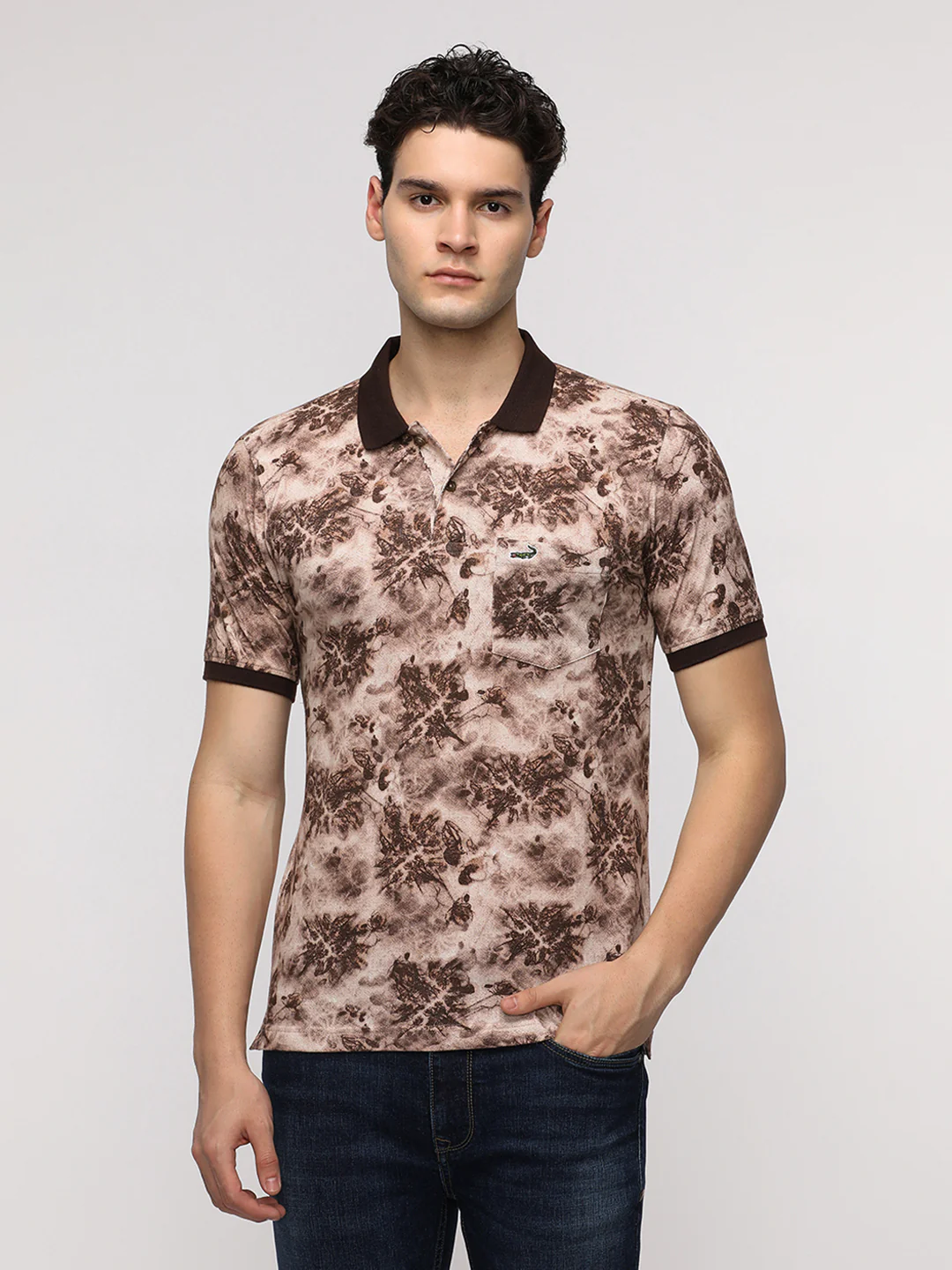 Digital Abstract forest Printed Polo T-Shirt in Brown