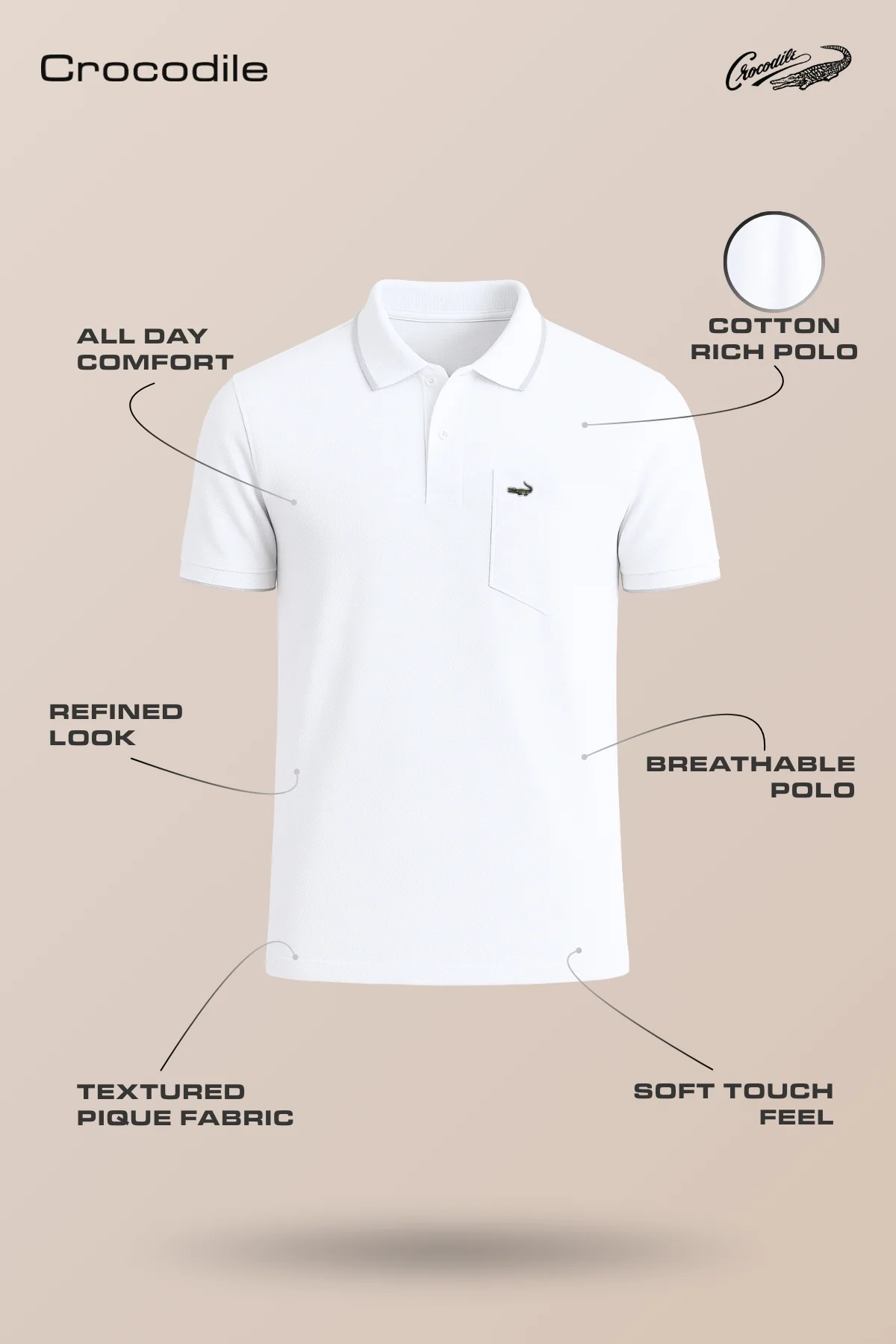 White Solid Casual Polo T-Shirt with Pocket