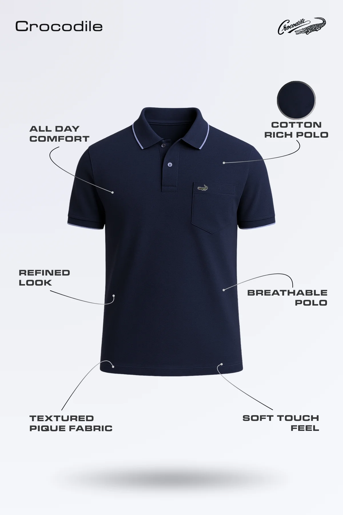 Casual Navy Solid Polo T-Shirt with Pocket