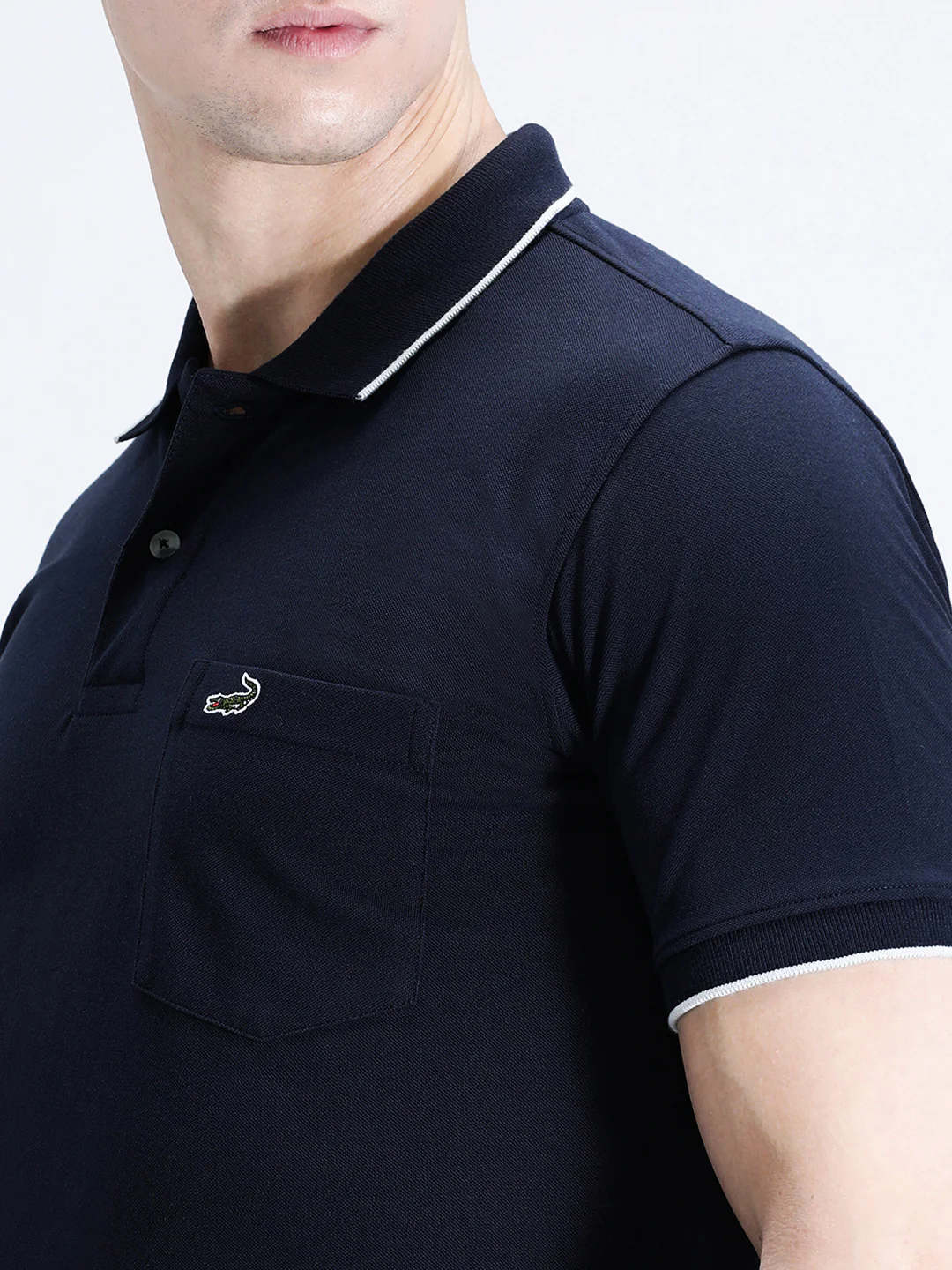 Casual Navy Solid Polo T-Shirt with Pocket