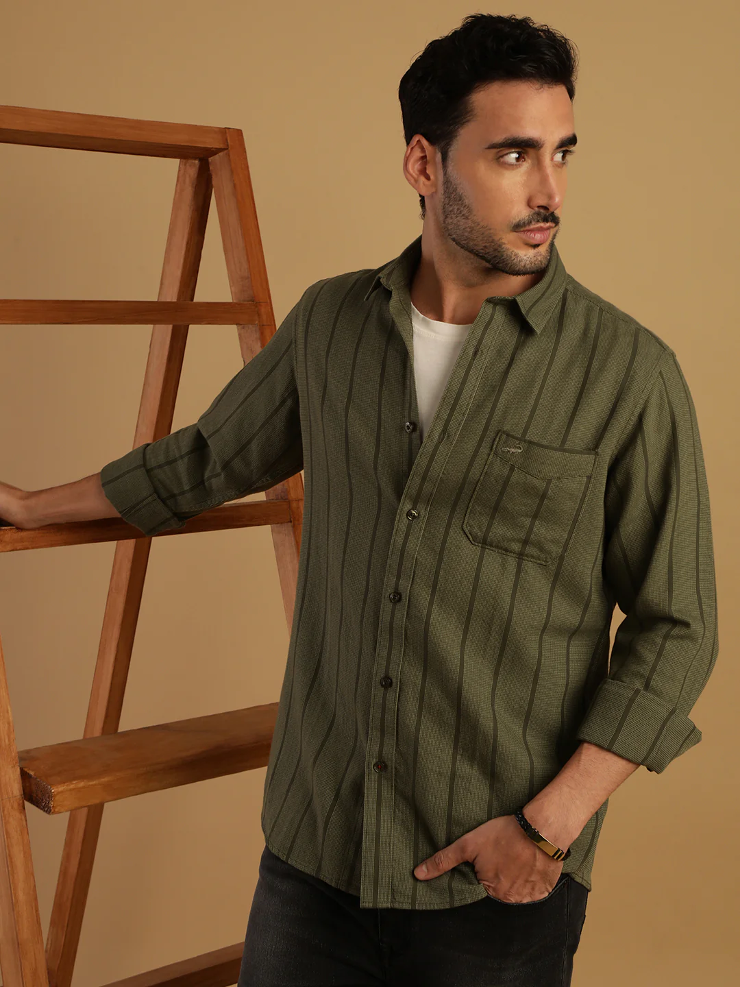 Green Striped Full Sleeve 100% Cotton Shirt