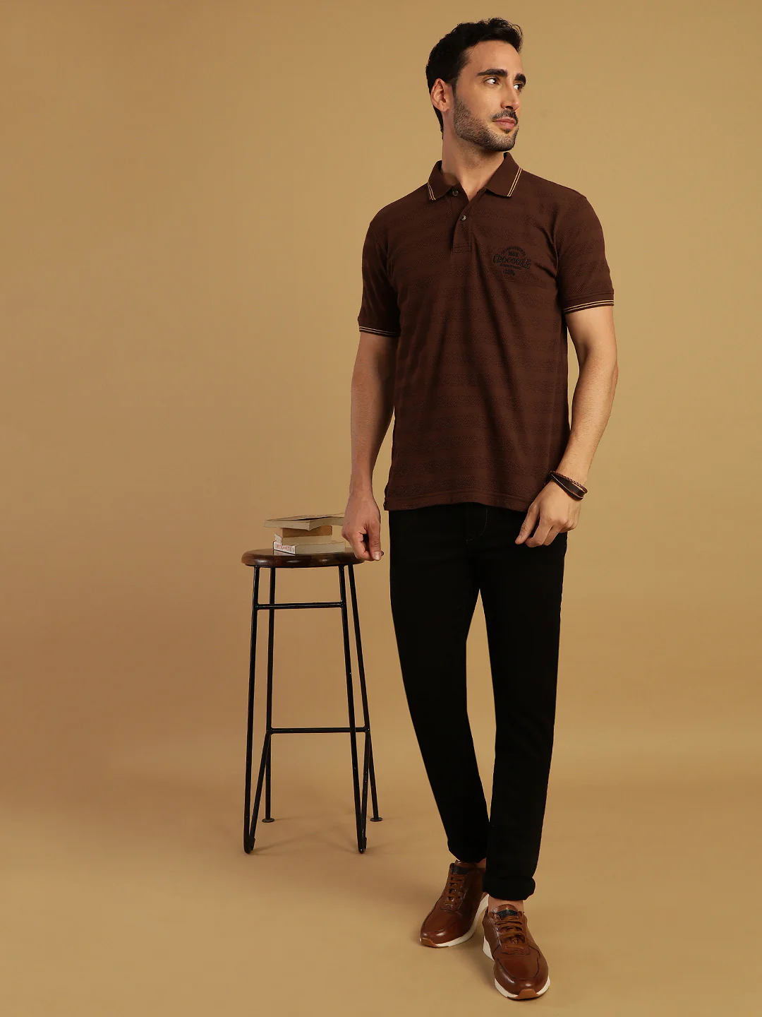Striped Brown Casual Polo T-Shirt