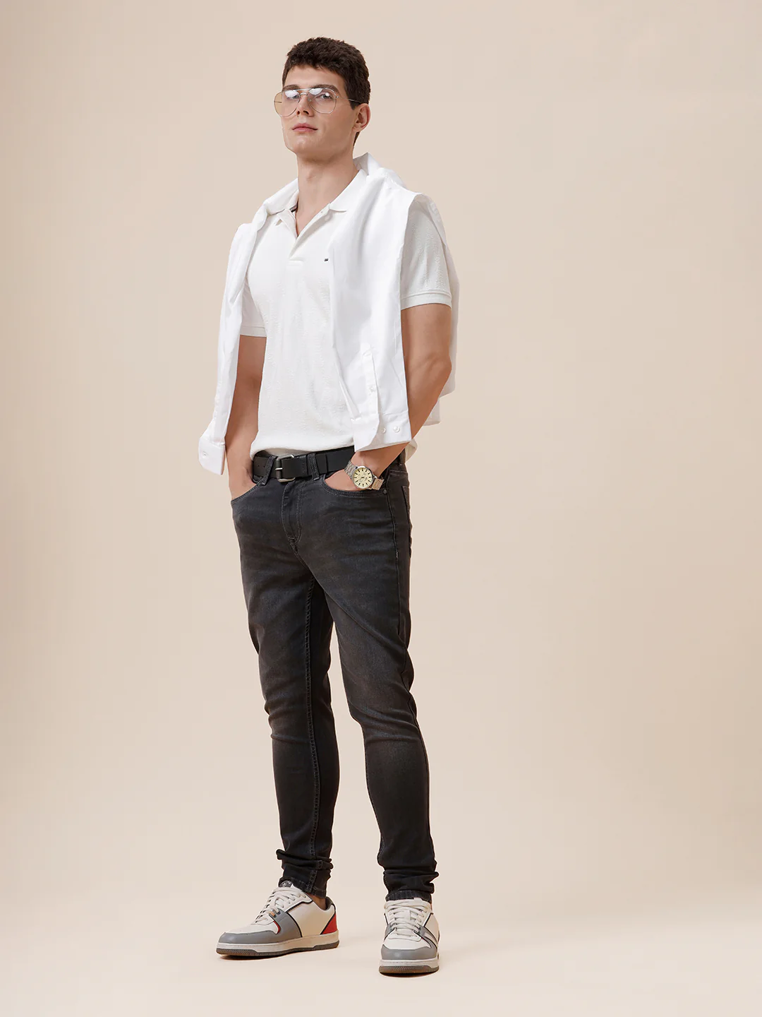 Bold Geometric Jaquard Polo Tshirt In White