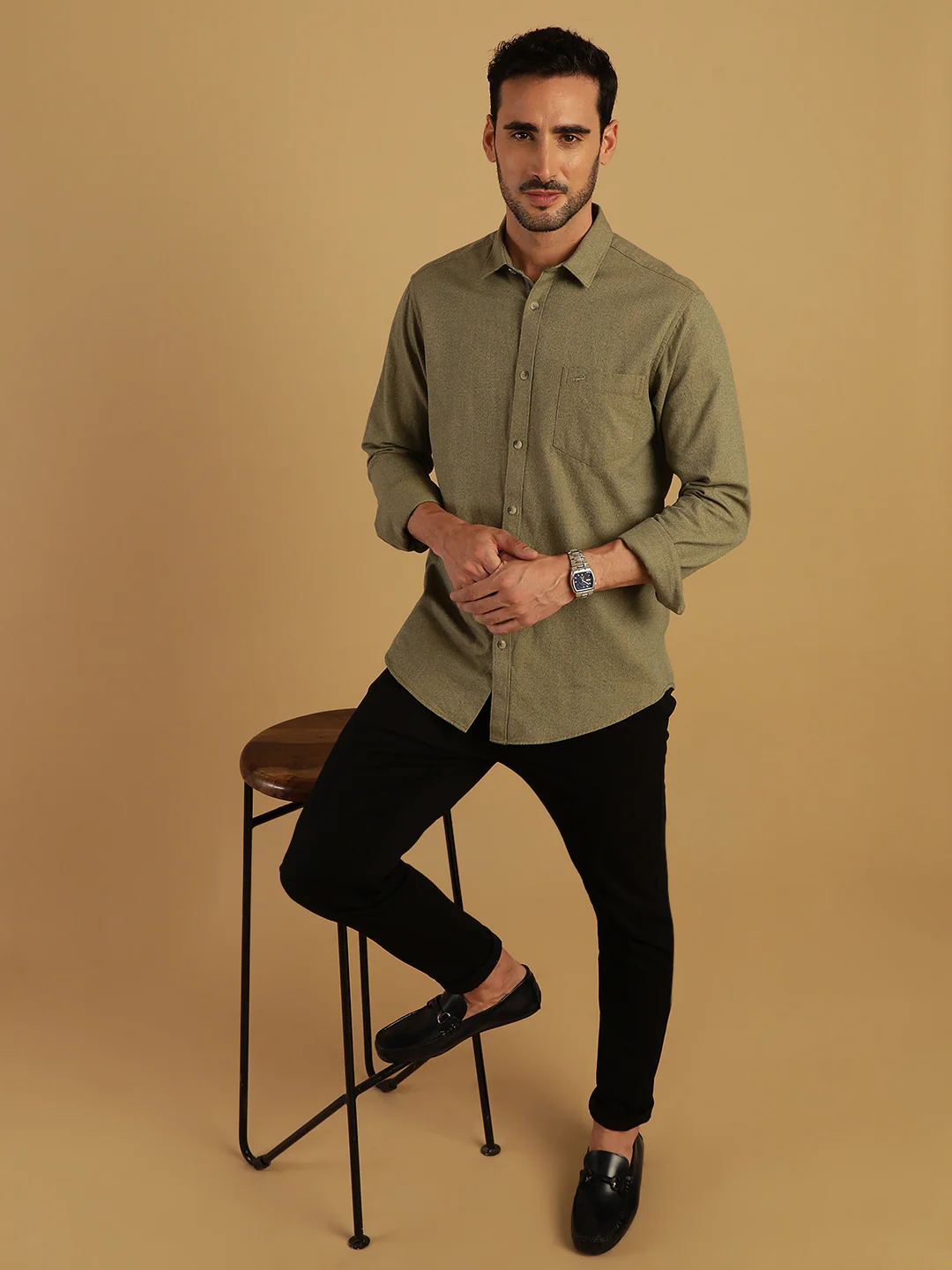 Green Solid Casual Full Sleeve 100% Cotton Shirt