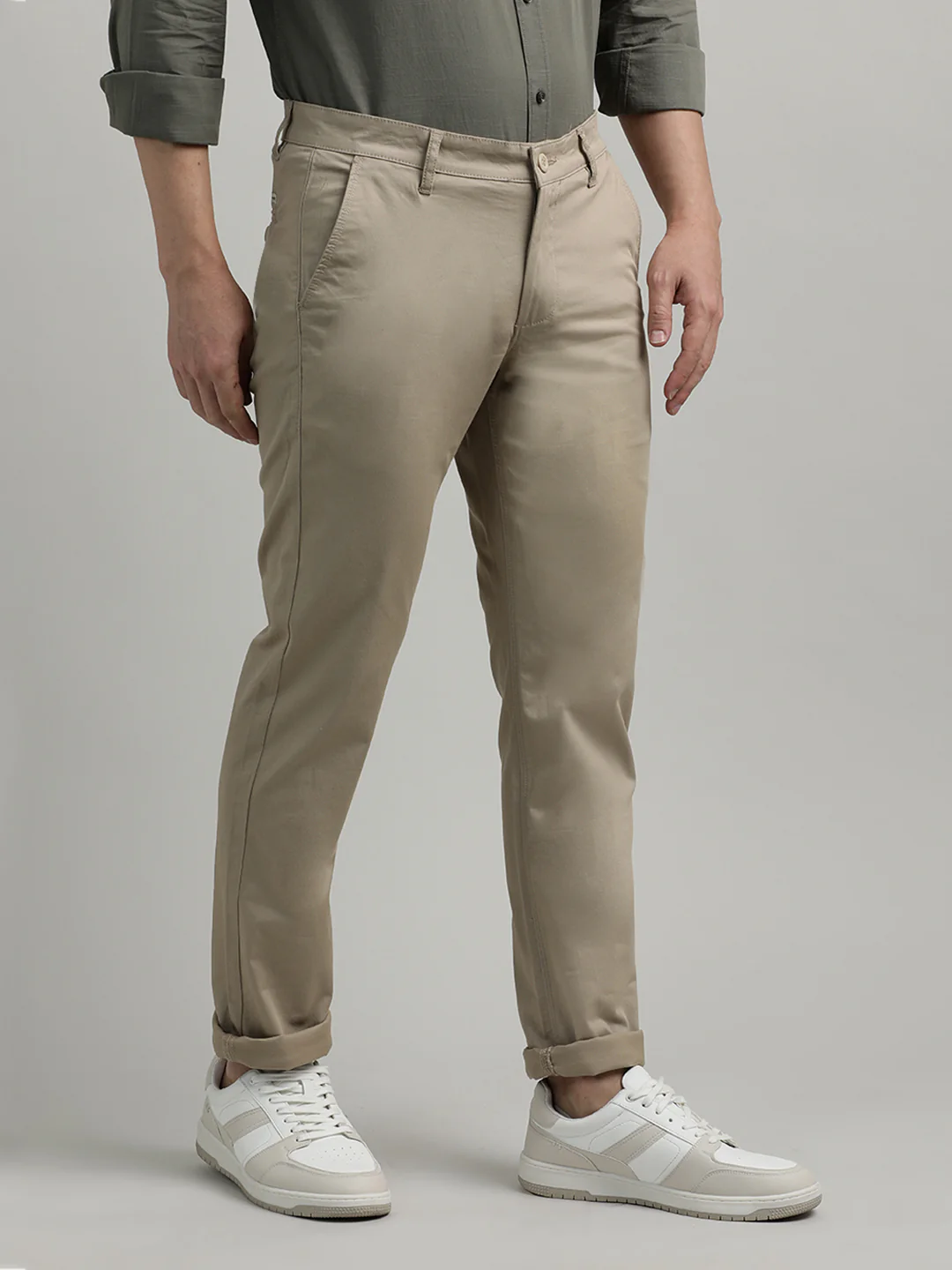 Beige Solid Slim Fit Trouser