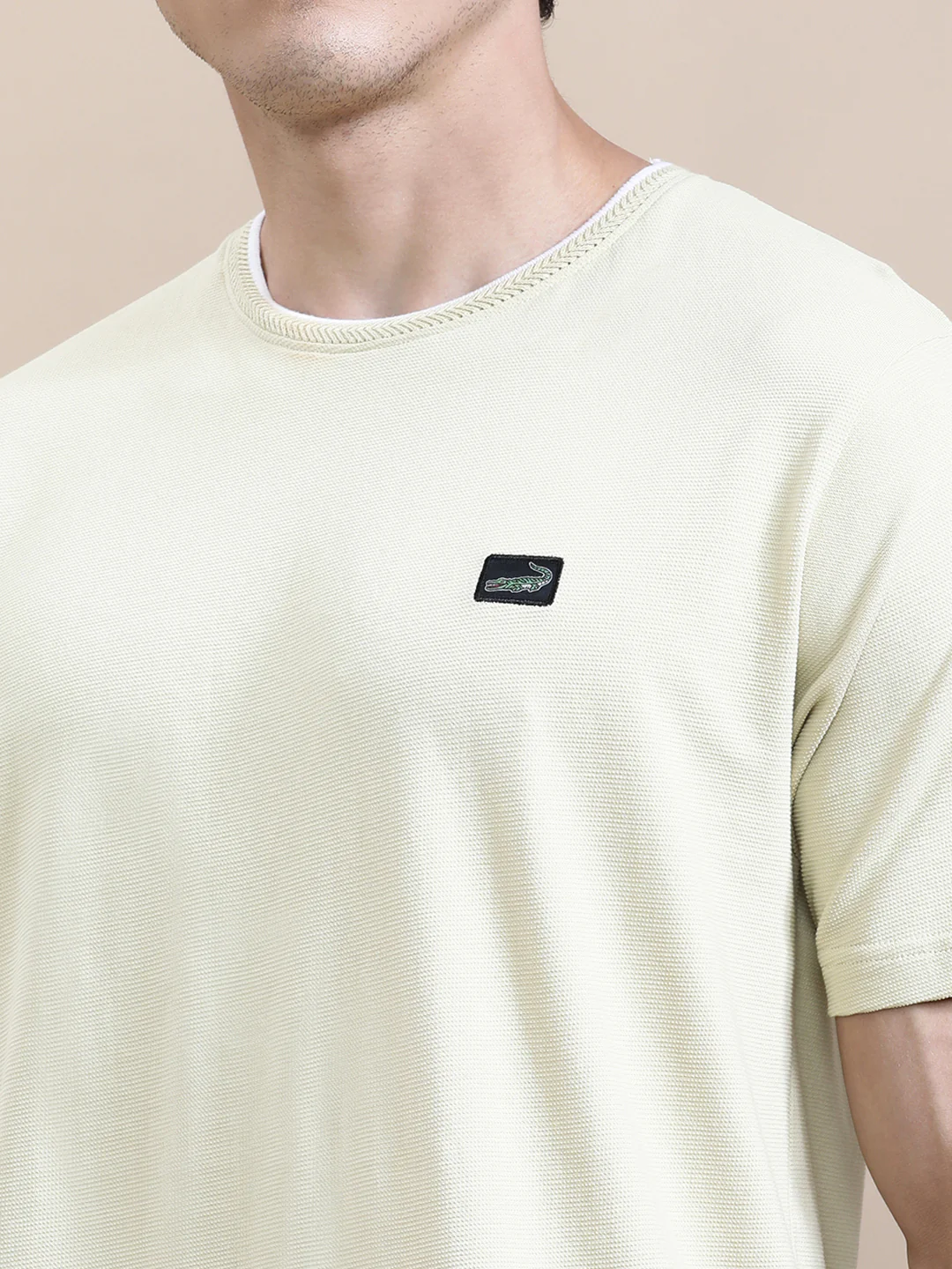 Cream Self-Structured Slim Fit T-Shirt