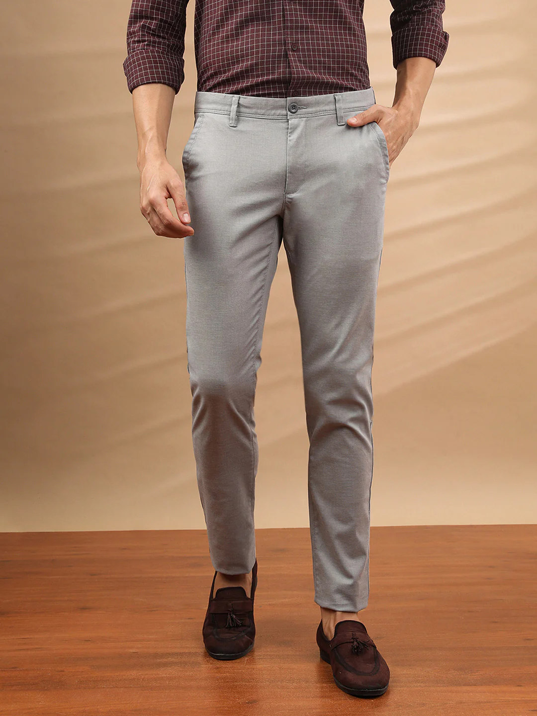 Textured Cotton Blend Stretch Trouser Grey