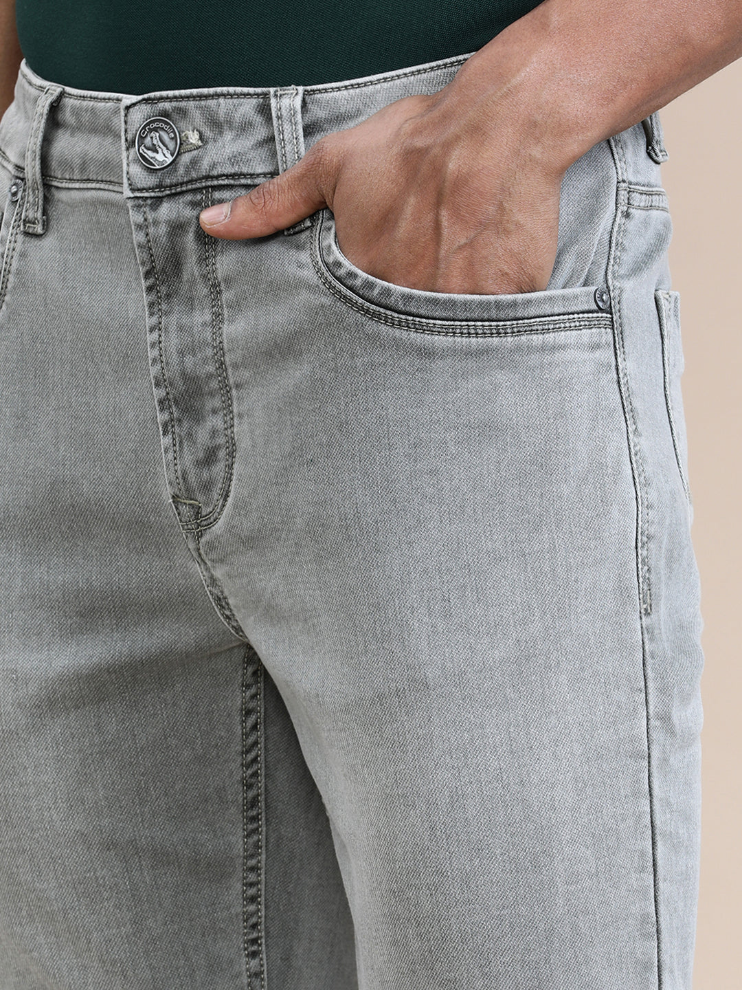 Stone Washed Olive Knit Slim Fit Jeans