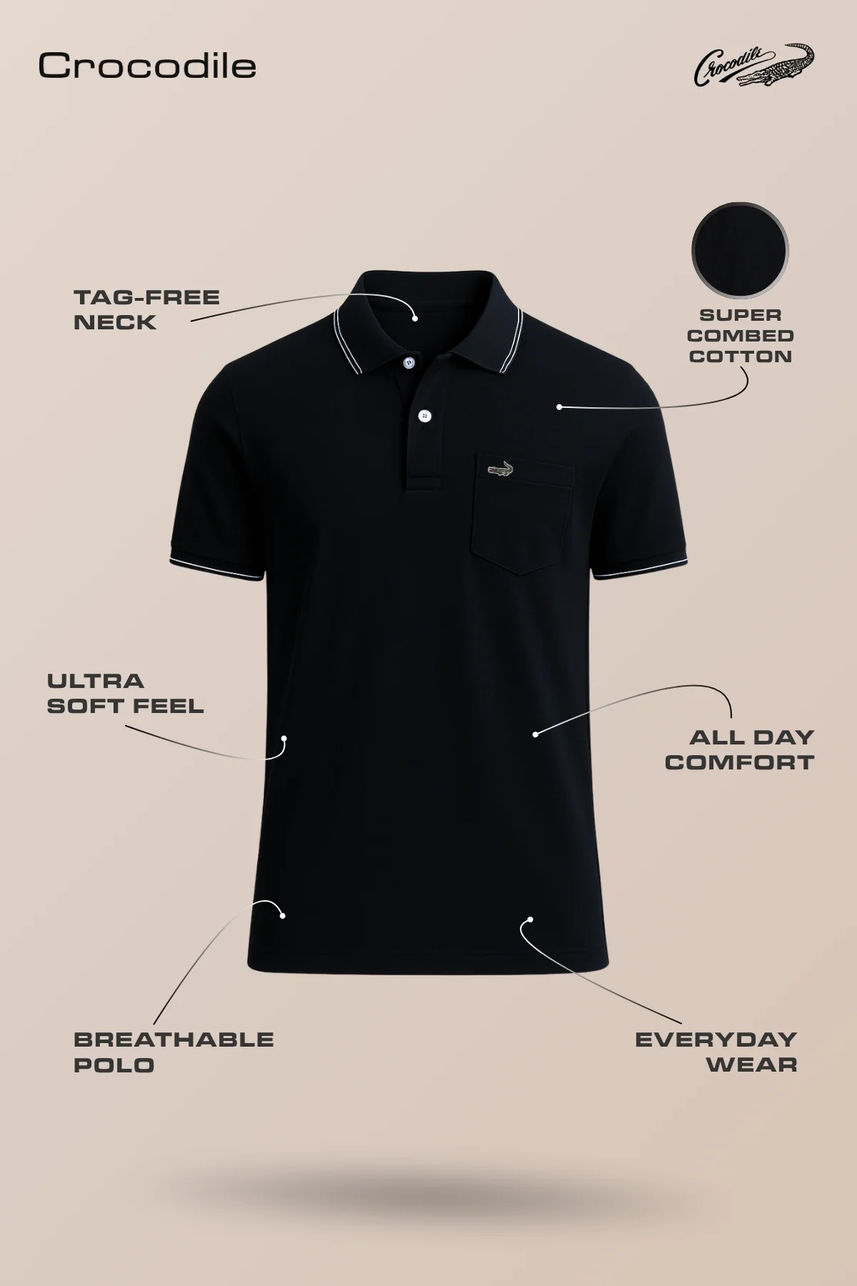 Casual Polo T-Shirt Solid Black with Pocket