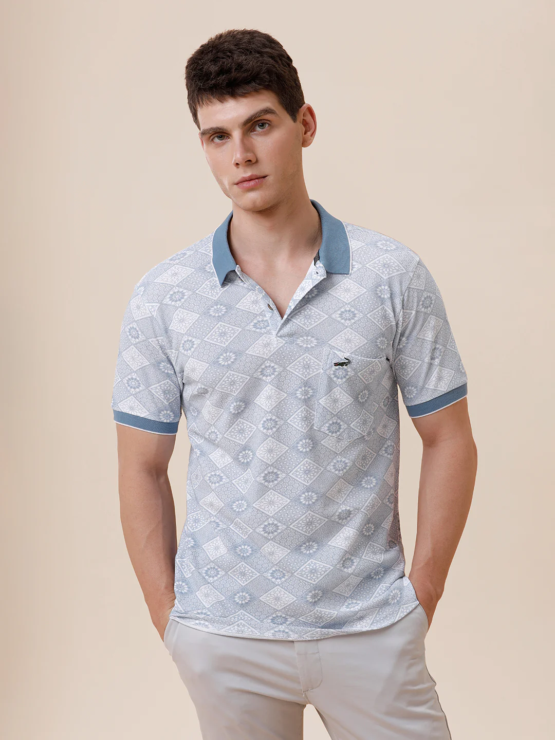 Geometric Printed Polo With Contrast Rib In Vinatge Indigo