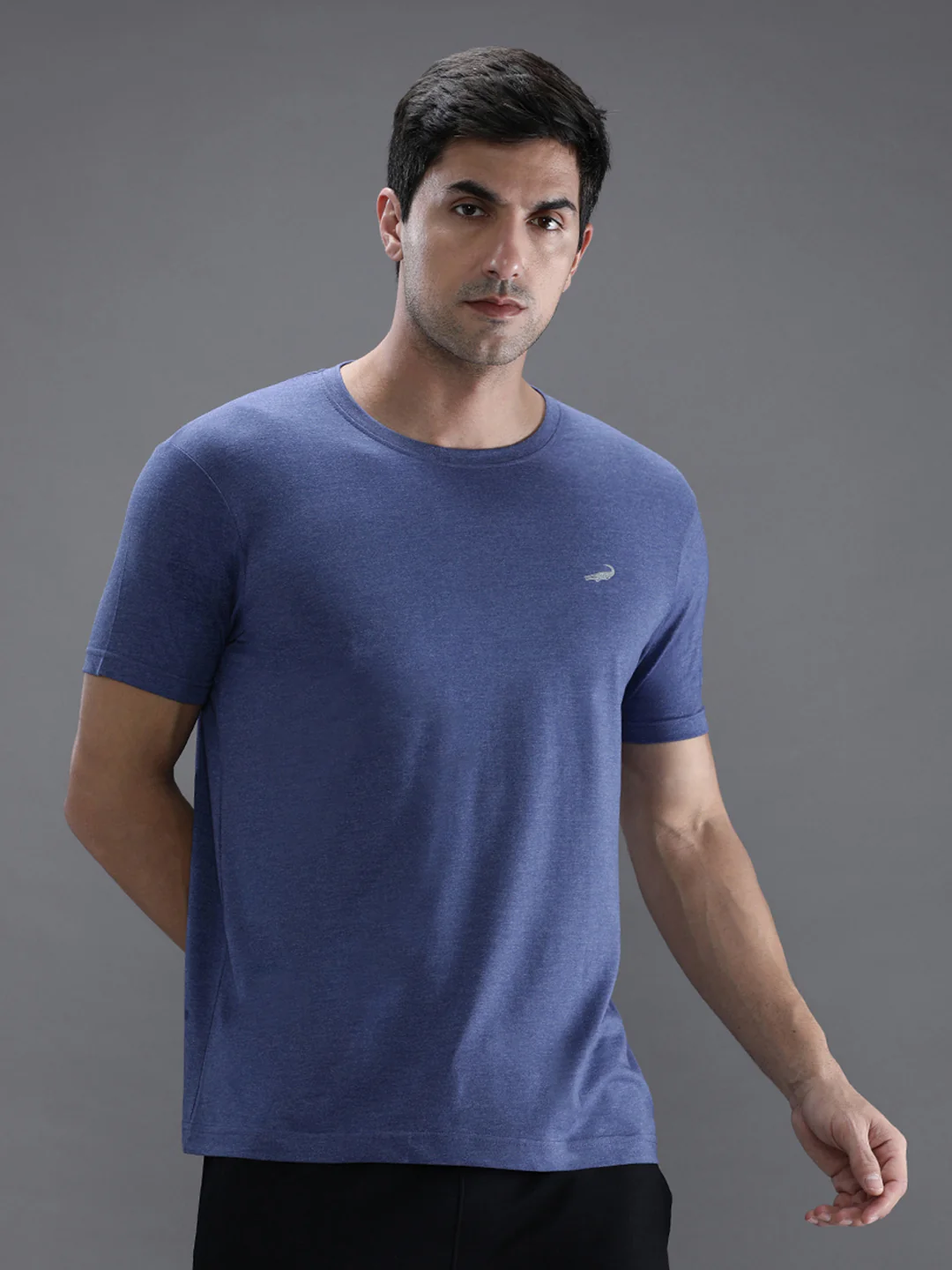 Blue Melange Solid Casual T-Shirt
