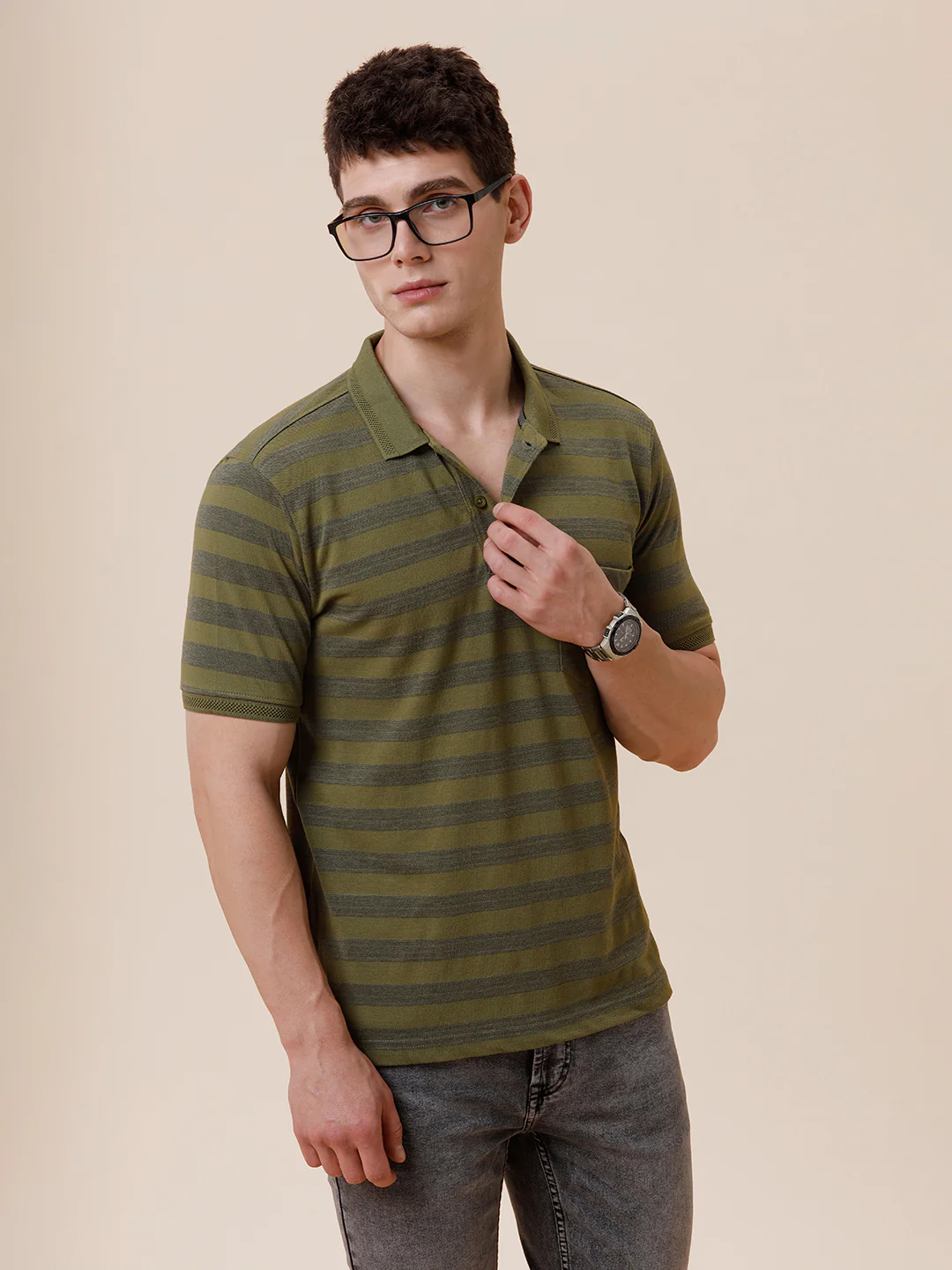 Tonal Melange 1X1 Striped Polo T-Shirt In Olive