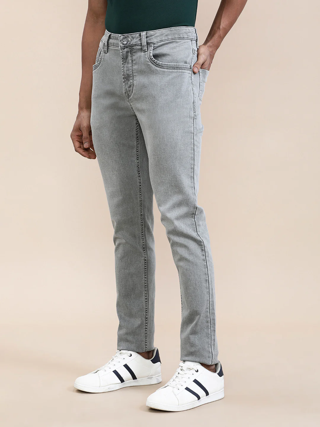 Stone Washed Olive Knit Slim Fit Jeans