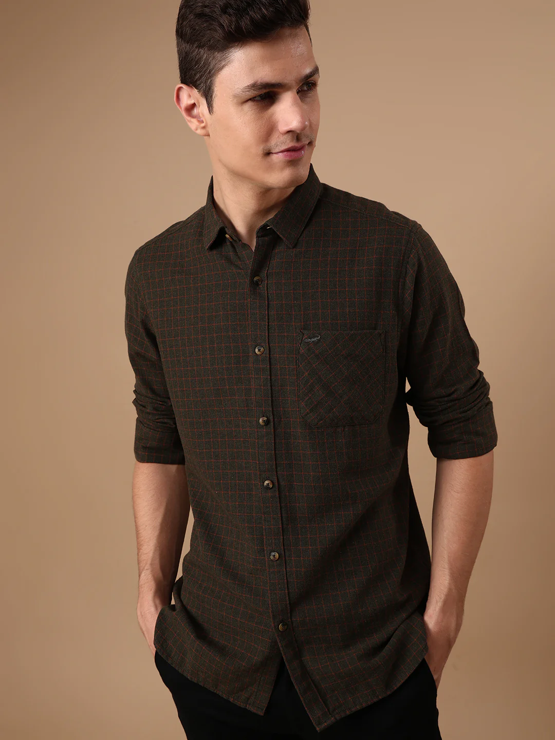 Olive Green Checked Full Sleeve 100% Cotton Shirt