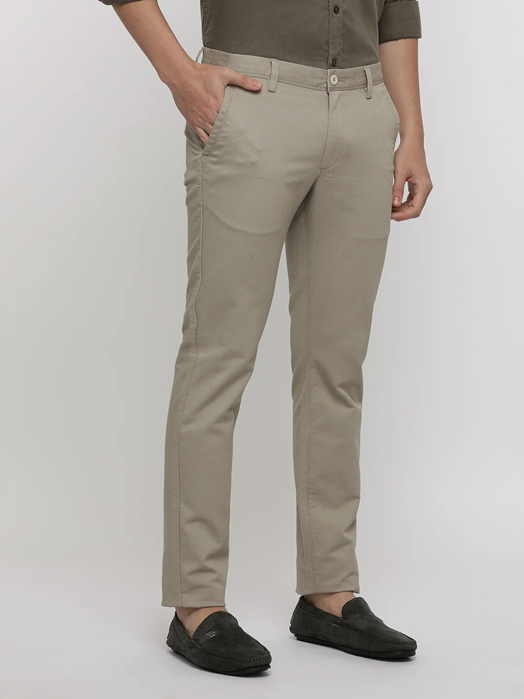 Beige Textured Stretch Trouser