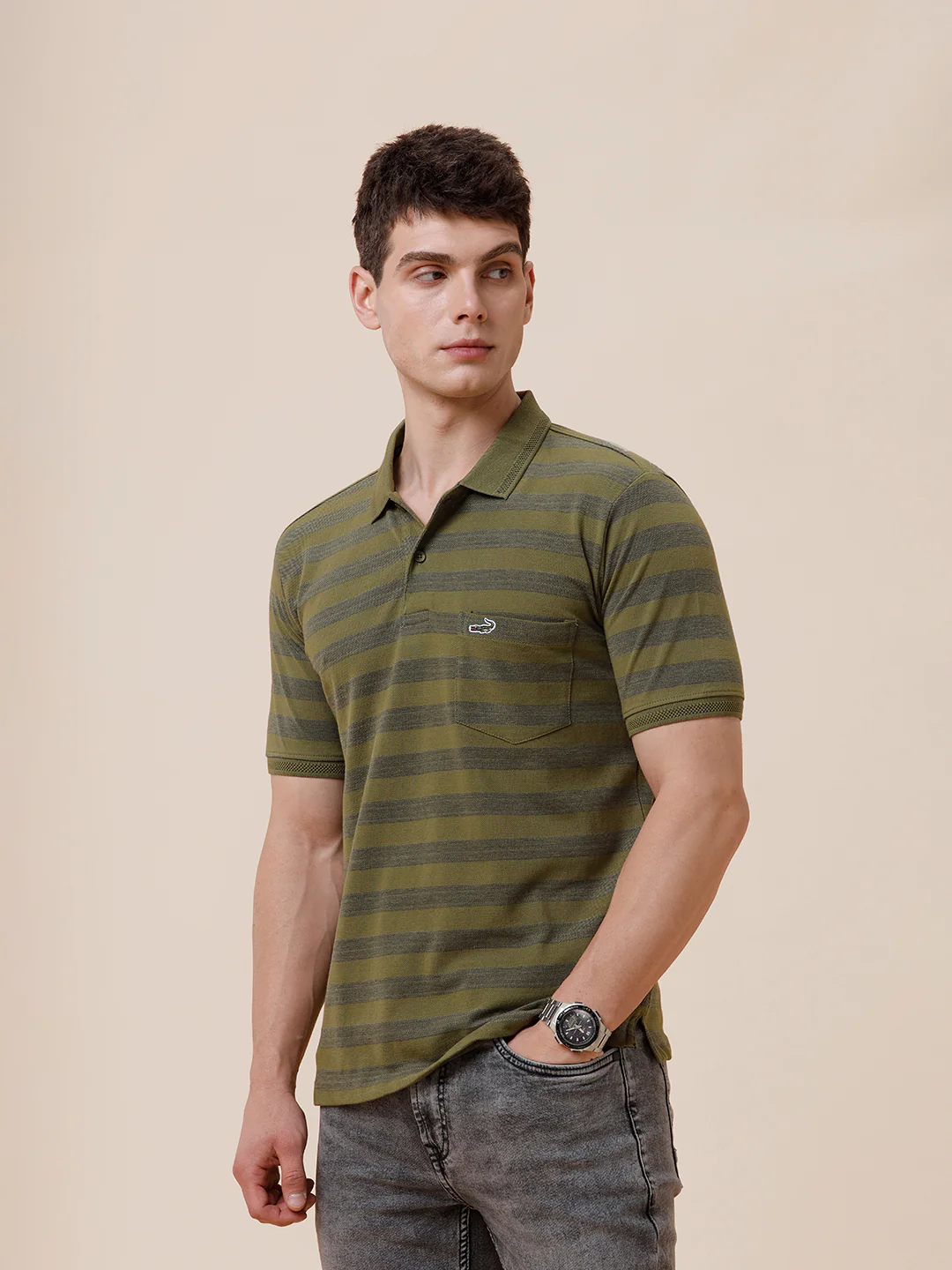 Tonal Melange 1X1 Striped Polo T-Shirt In Olive