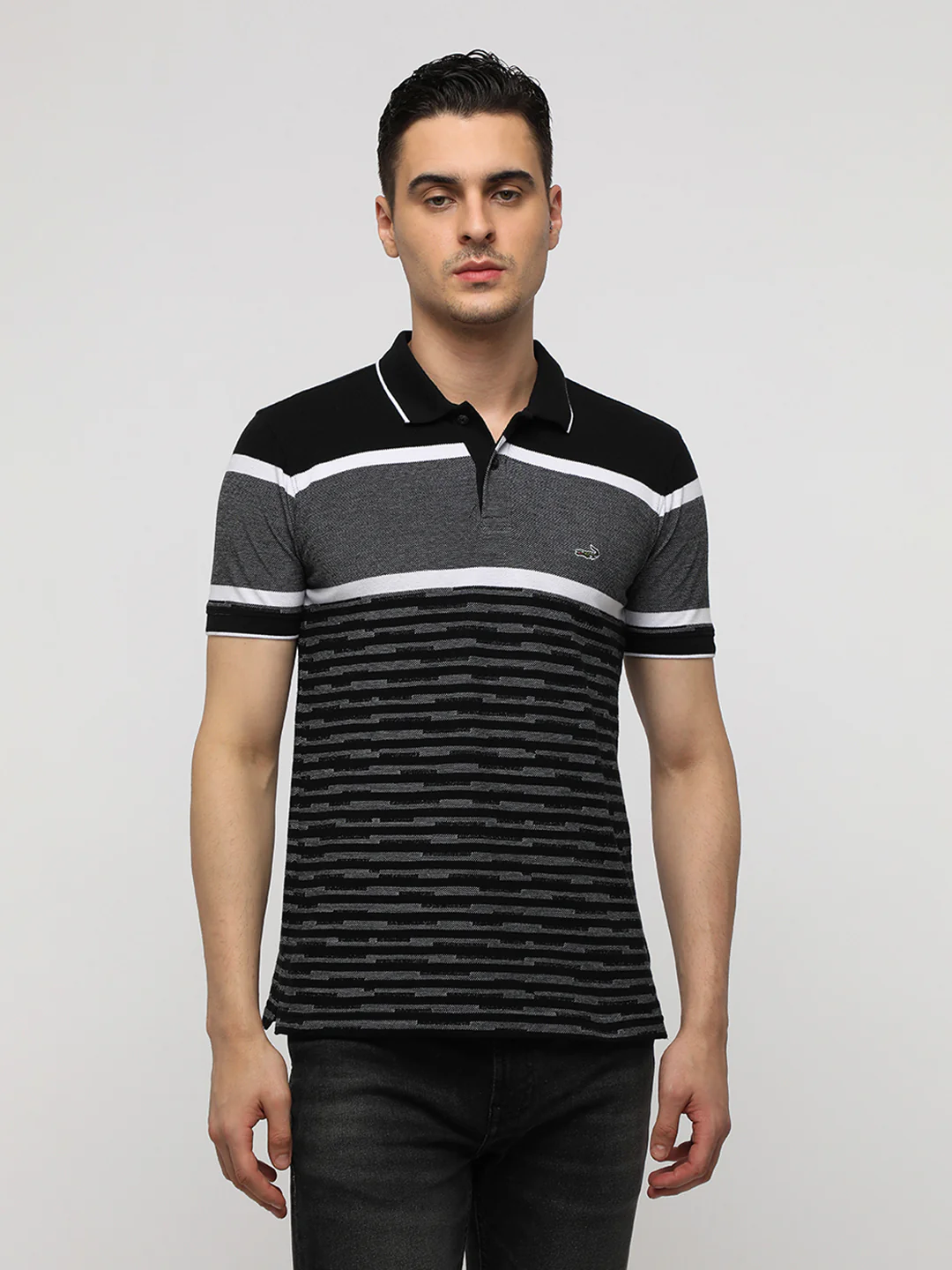 Engineered Striped Black Slim T-Shirt with Cotton Poly Blend