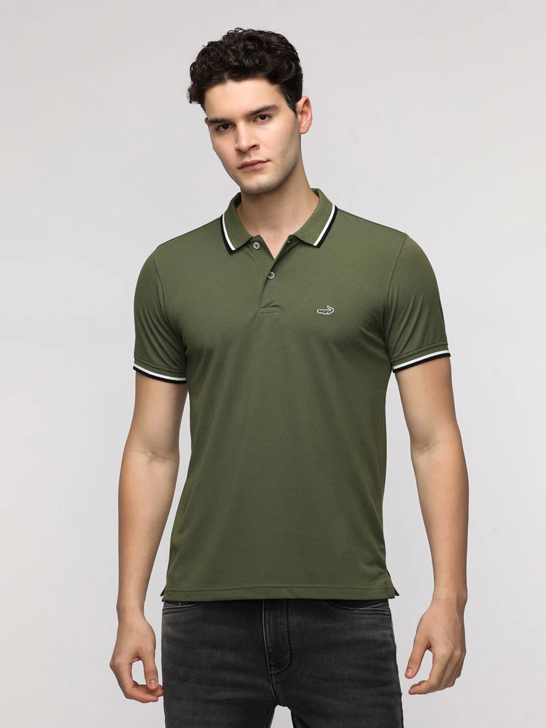Solid Strecth Polo T-Shirt in Olive