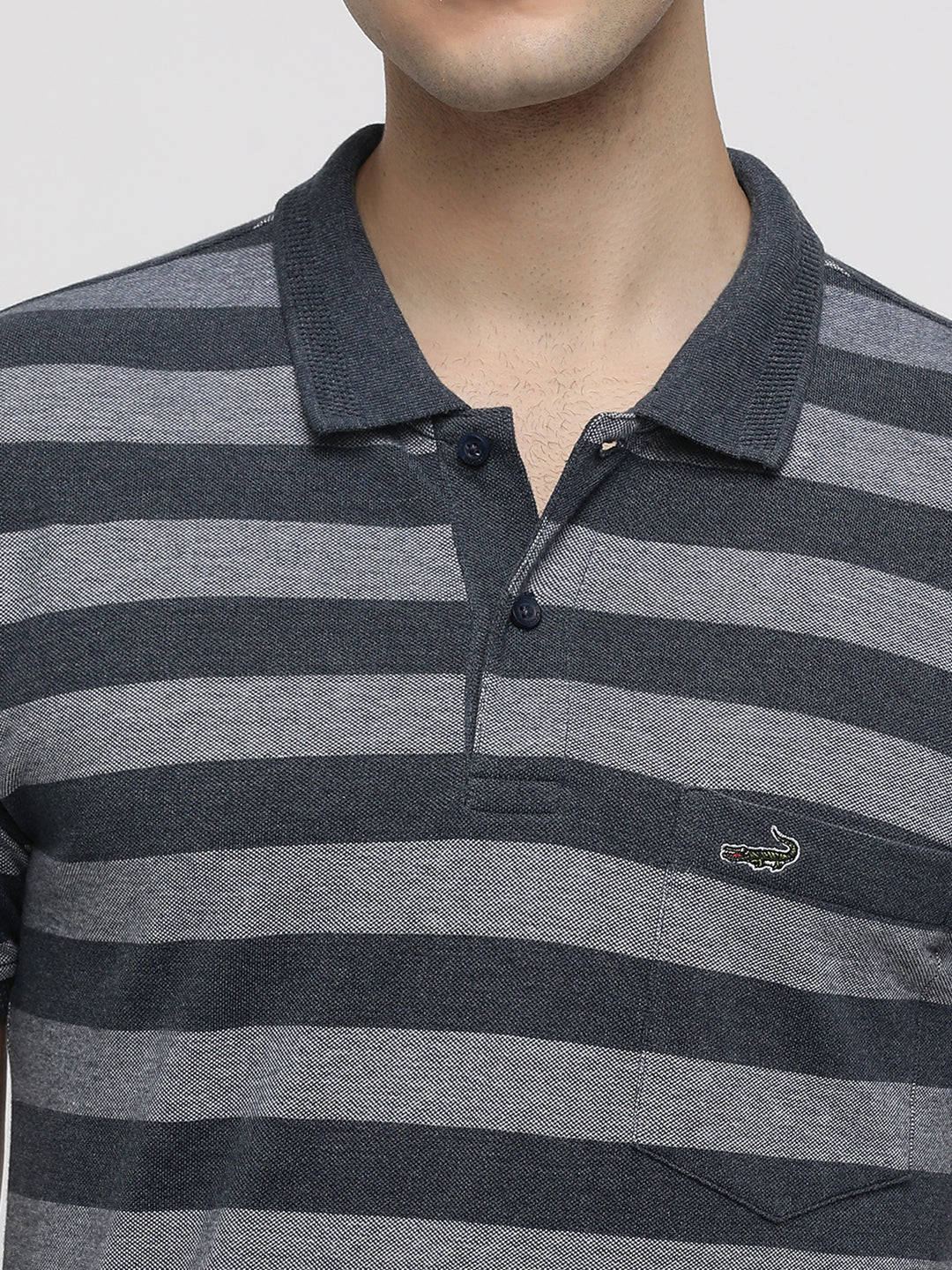 Denim Melange Birdseye Striped Polo T-Shirt