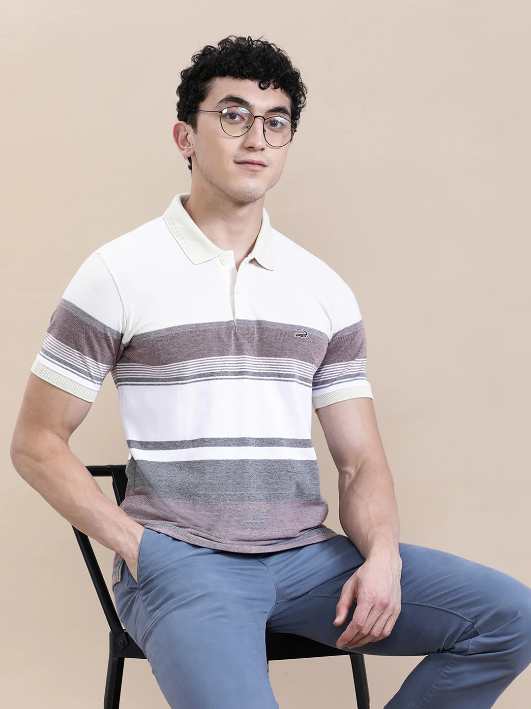 Solid Melange Striped Slim Fit Polo Beige