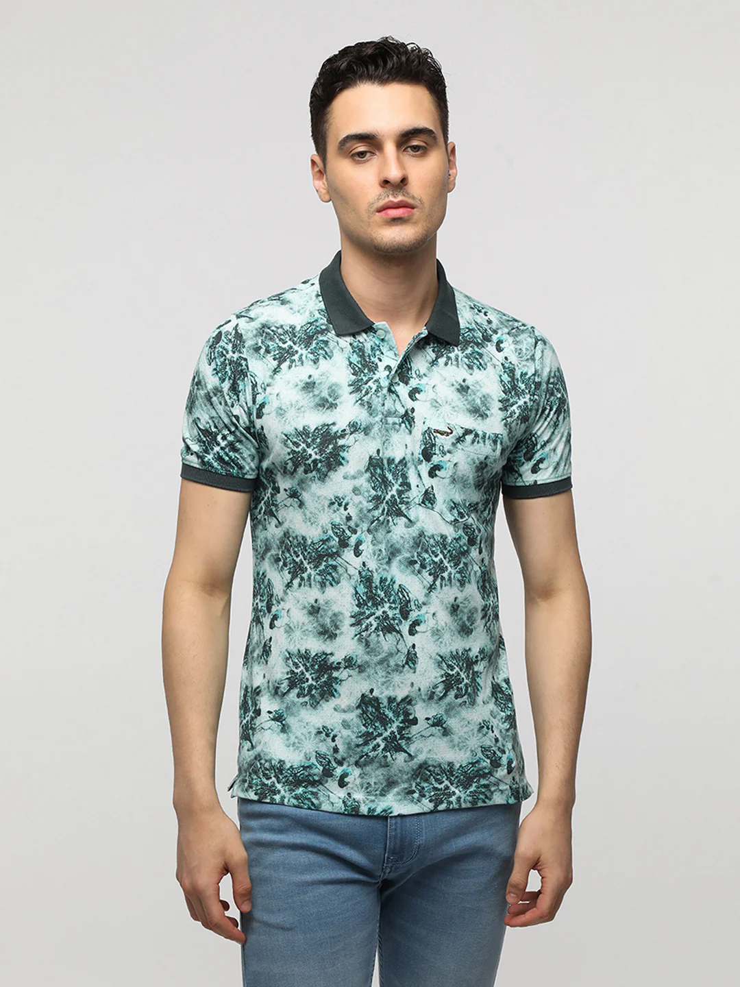 Digital Abstract forest Printed Polo T-Shirt in Turquoise Blue