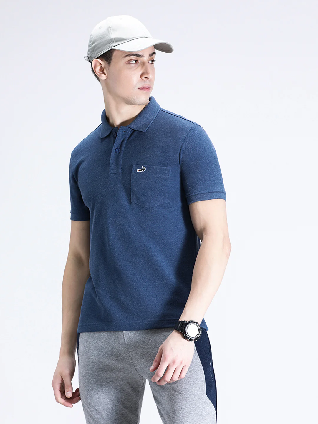 Denim Melange Blue Solid Polo T-Shirt with Pocket