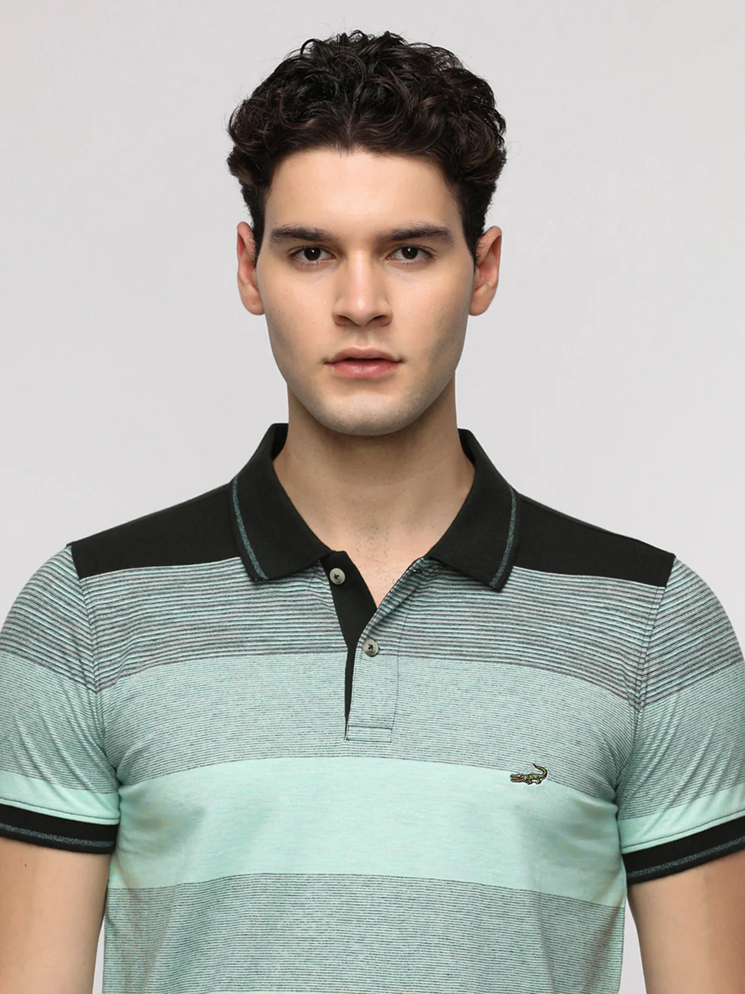 Engineered Striped Smoke Green Slim T-Shirt with Cotton Poly Blend