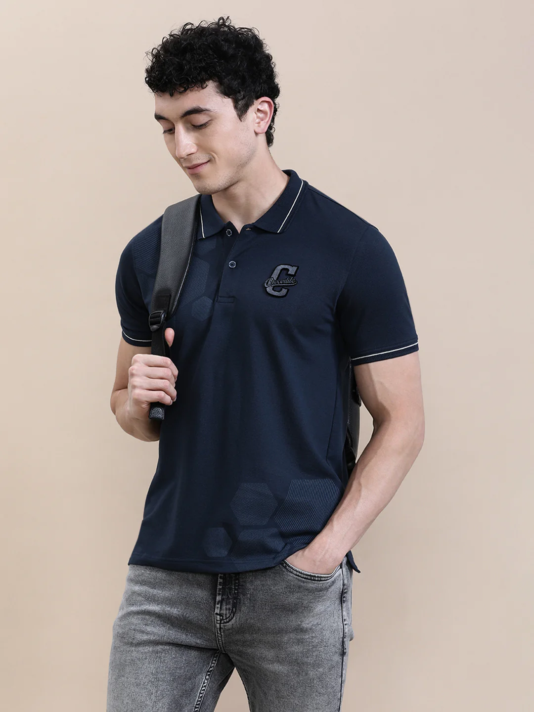 Chenille Embroidery Lycra Slim Fit Polo Navy