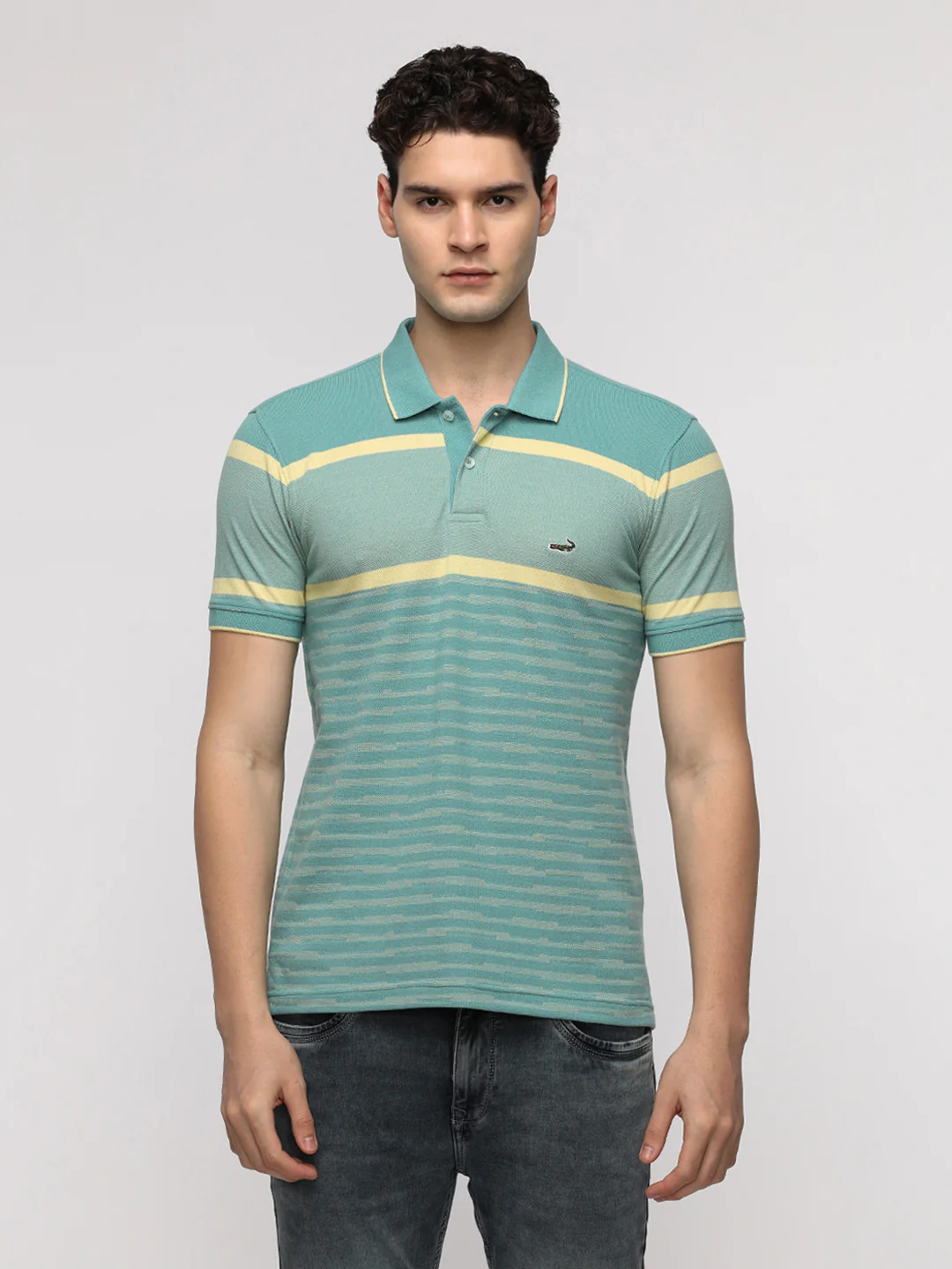 Engineered Striped Turquoise Slim T-Shirt with Cotton Poly Blend