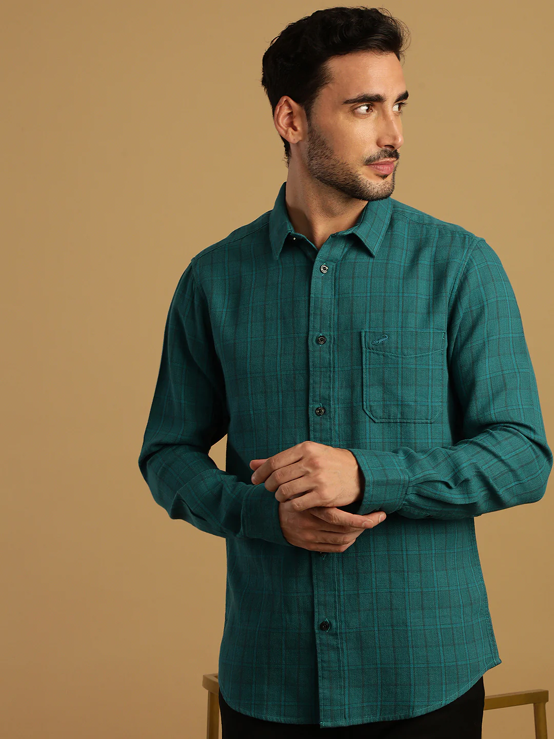 Teal Green Checked Full Sleeve 100% Cotton Shirt