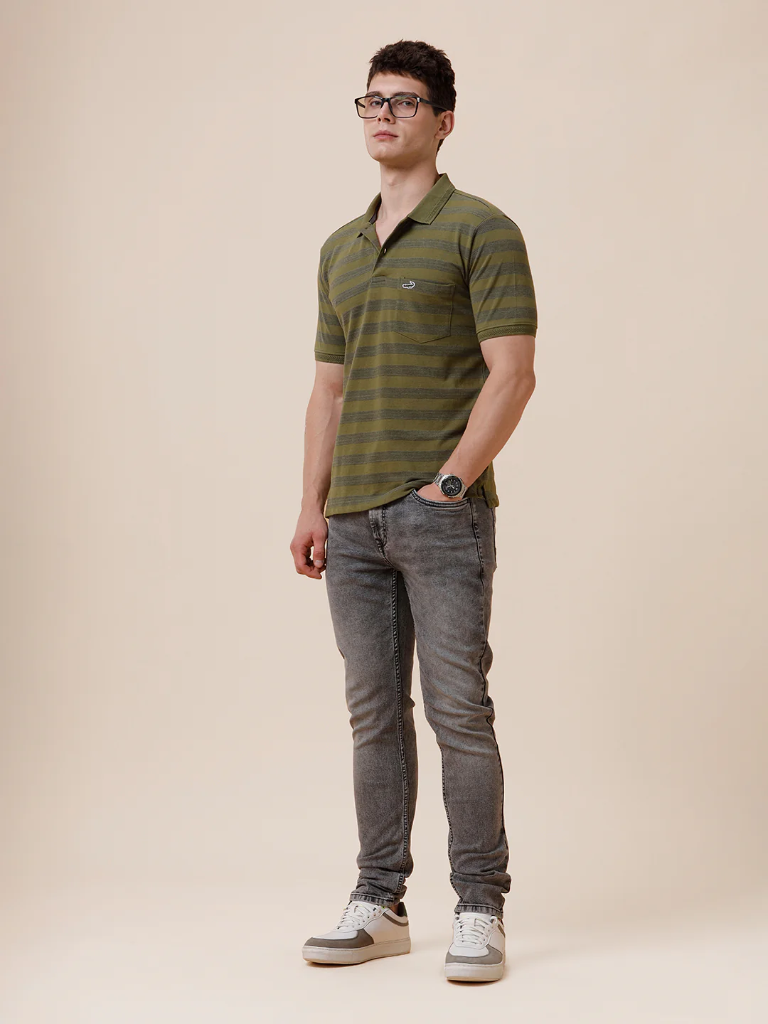 Tonal Melange 1X1 Striped Polo T-Shirt In Olive