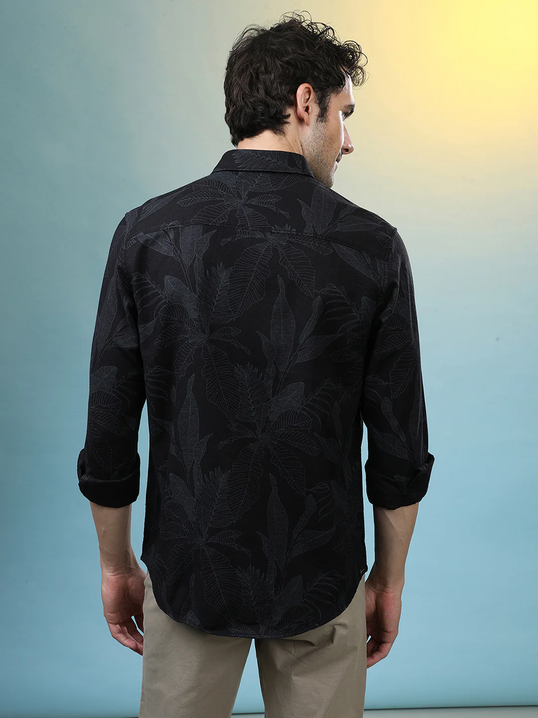 Artistic Leaf Printed Casual Shirt in Cotton Fabric Black