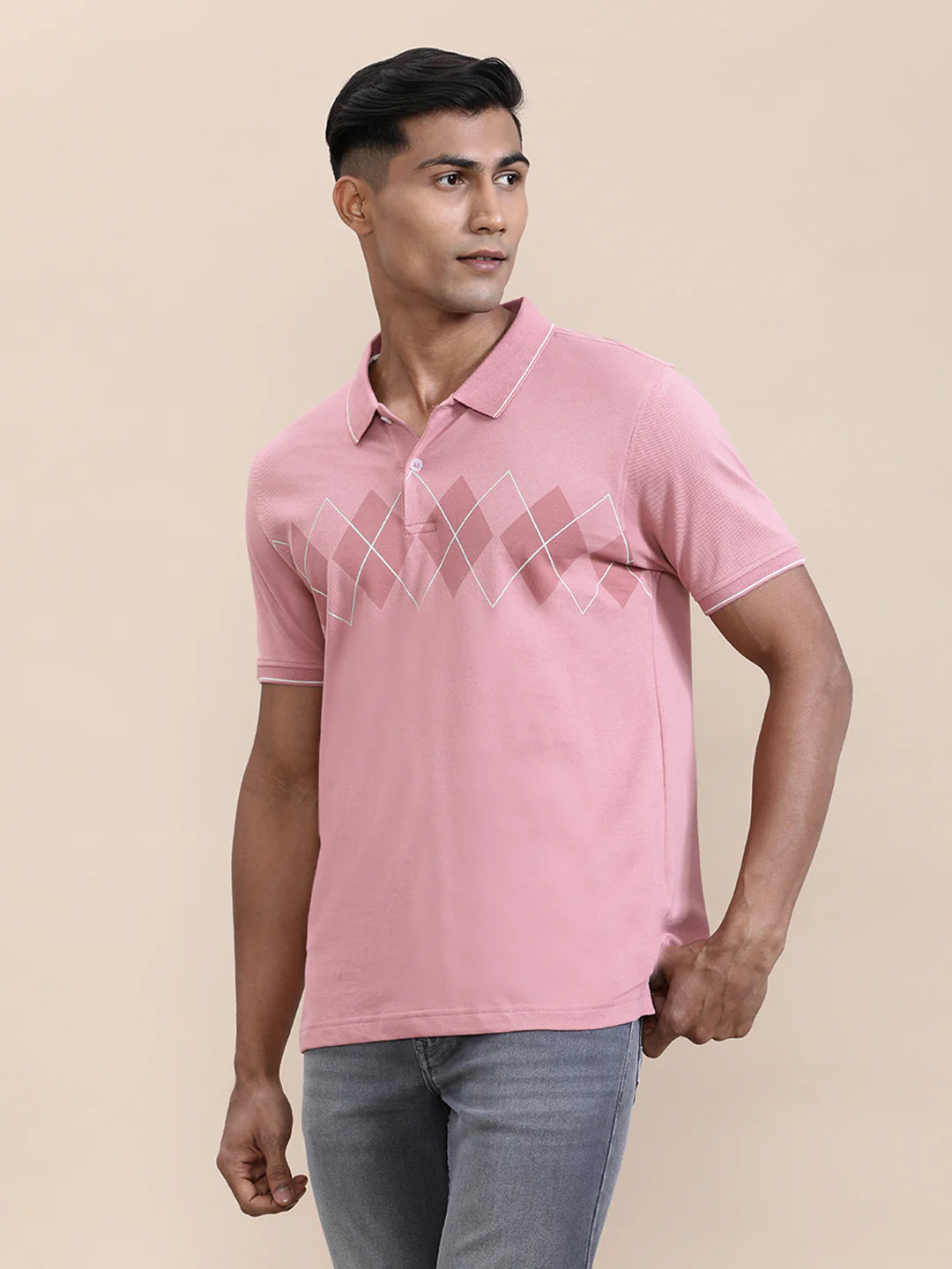 Chest Diamond Panel Print Slim Fit Polo Pink