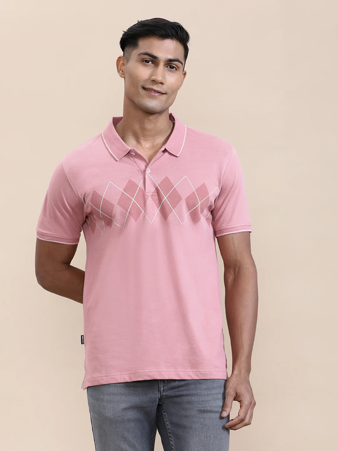 Chest Diamond Panel Print Slim Fit Polo Pink
