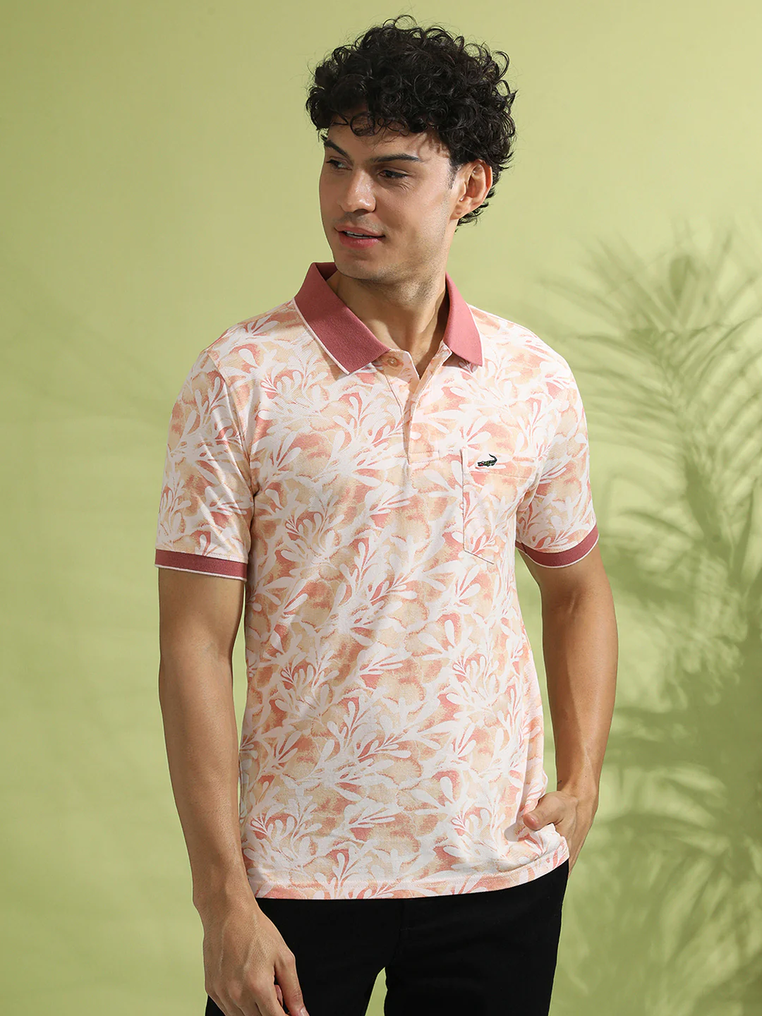 Watercolour Floral Print Polo Shirt In Coral