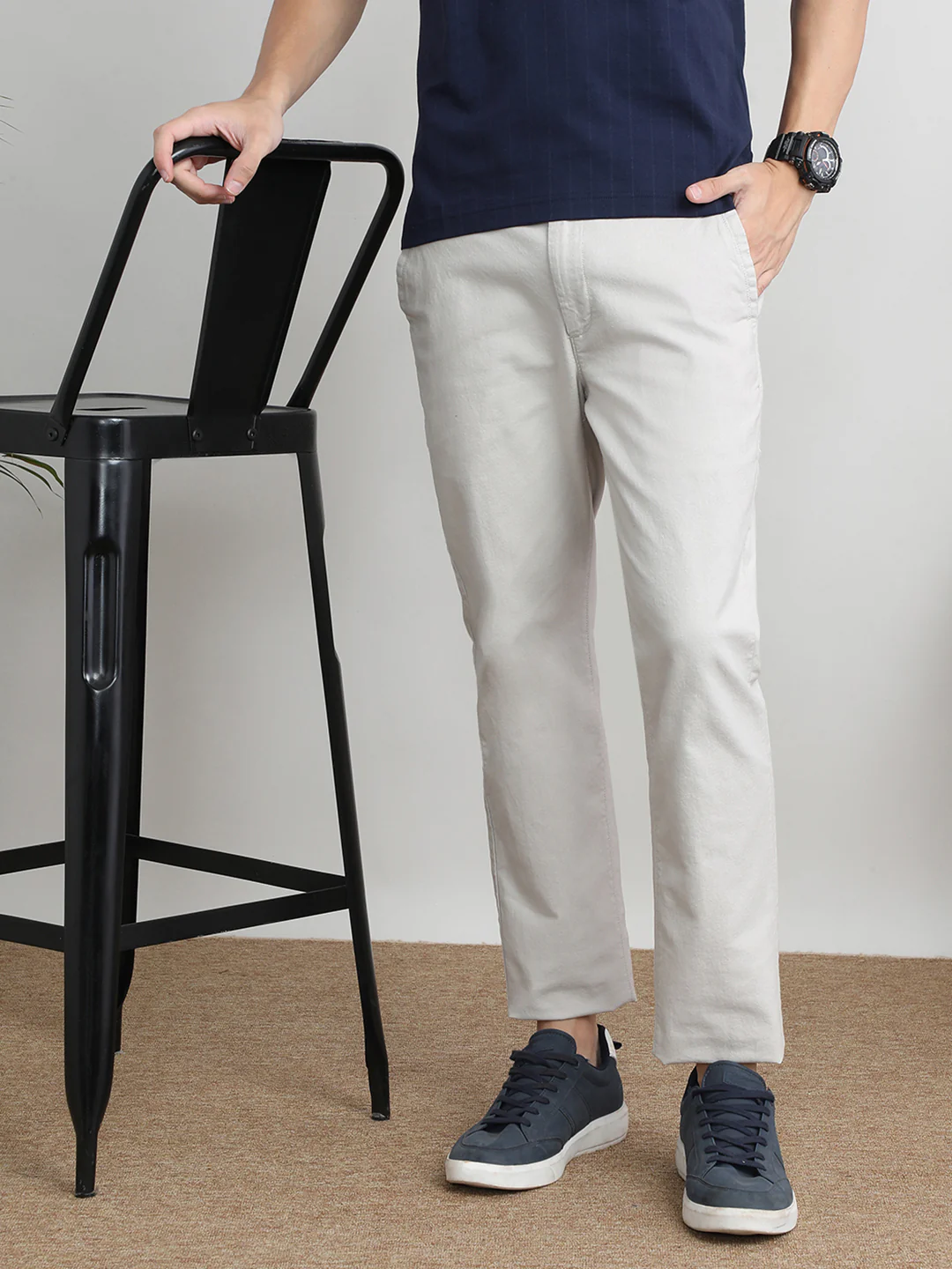 Solid Cream Casual Trouser