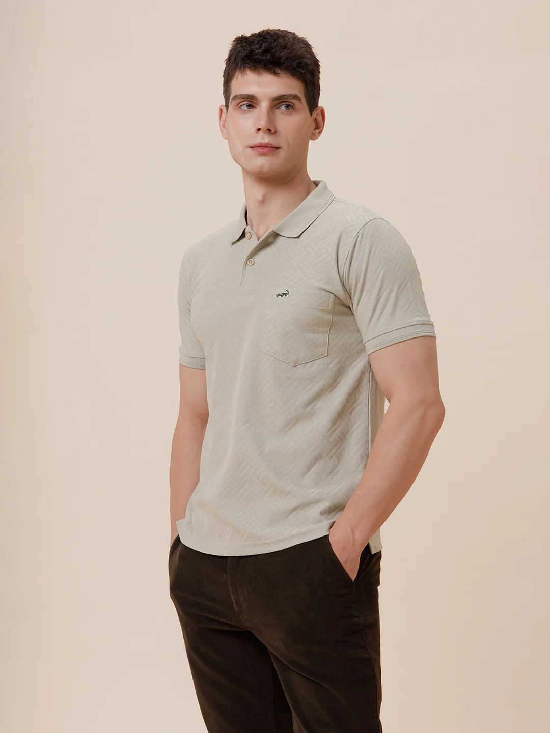 Diagonal Self Structure Solid Polo Tshirt In Stone