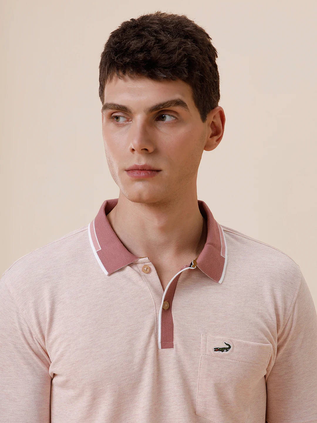 Melange Solid Polo Tshirt With Plated Collar & Cuff In Rose Melange