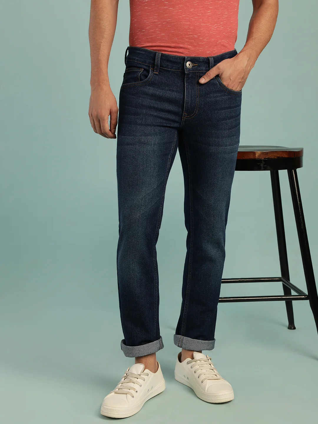 Mid Blue Casual Solid Mid Rise Slim Fit Jean