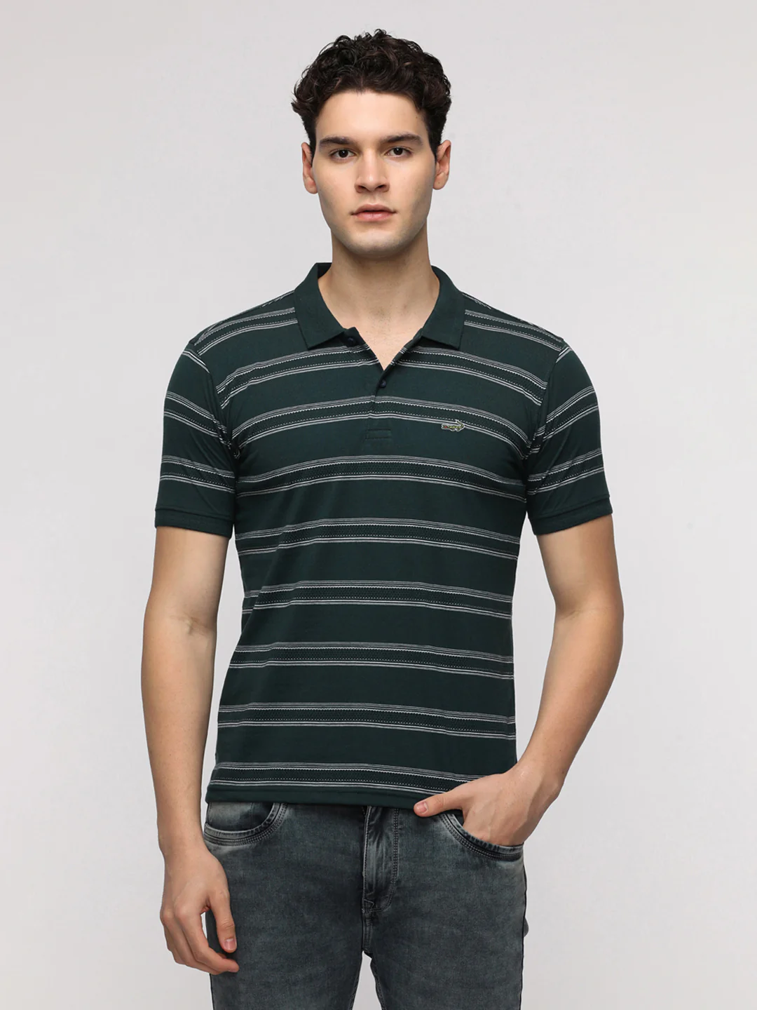 Popcorn Jaquard Striper Polo T-Shirt in Green