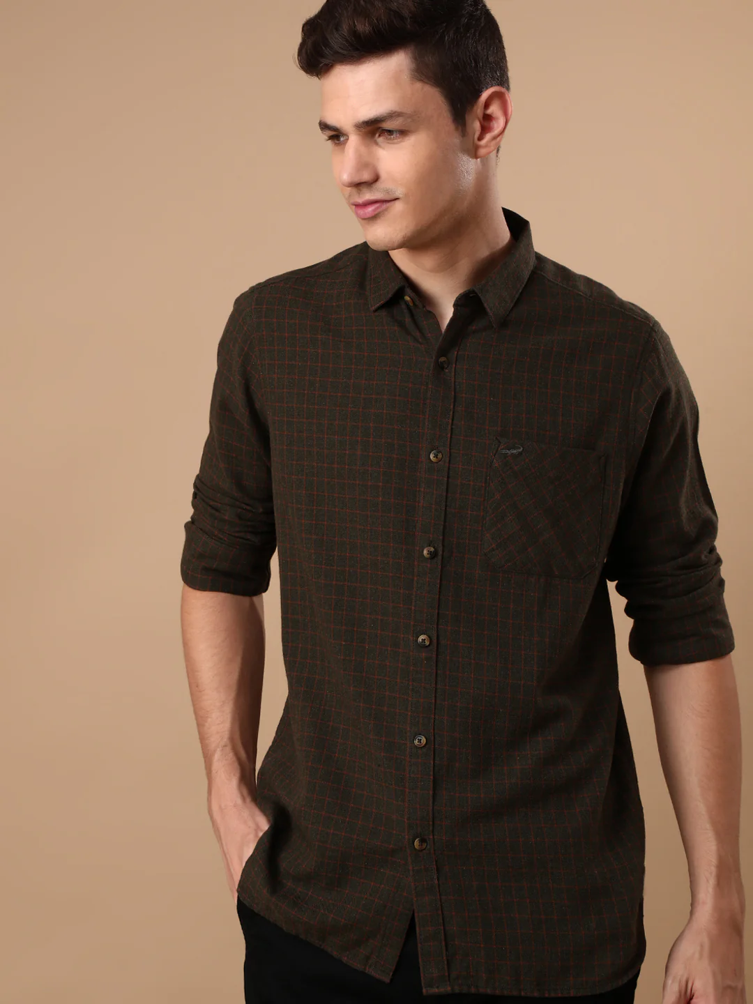 Olive Green Checked Full Sleeve 100% Cotton Shirt