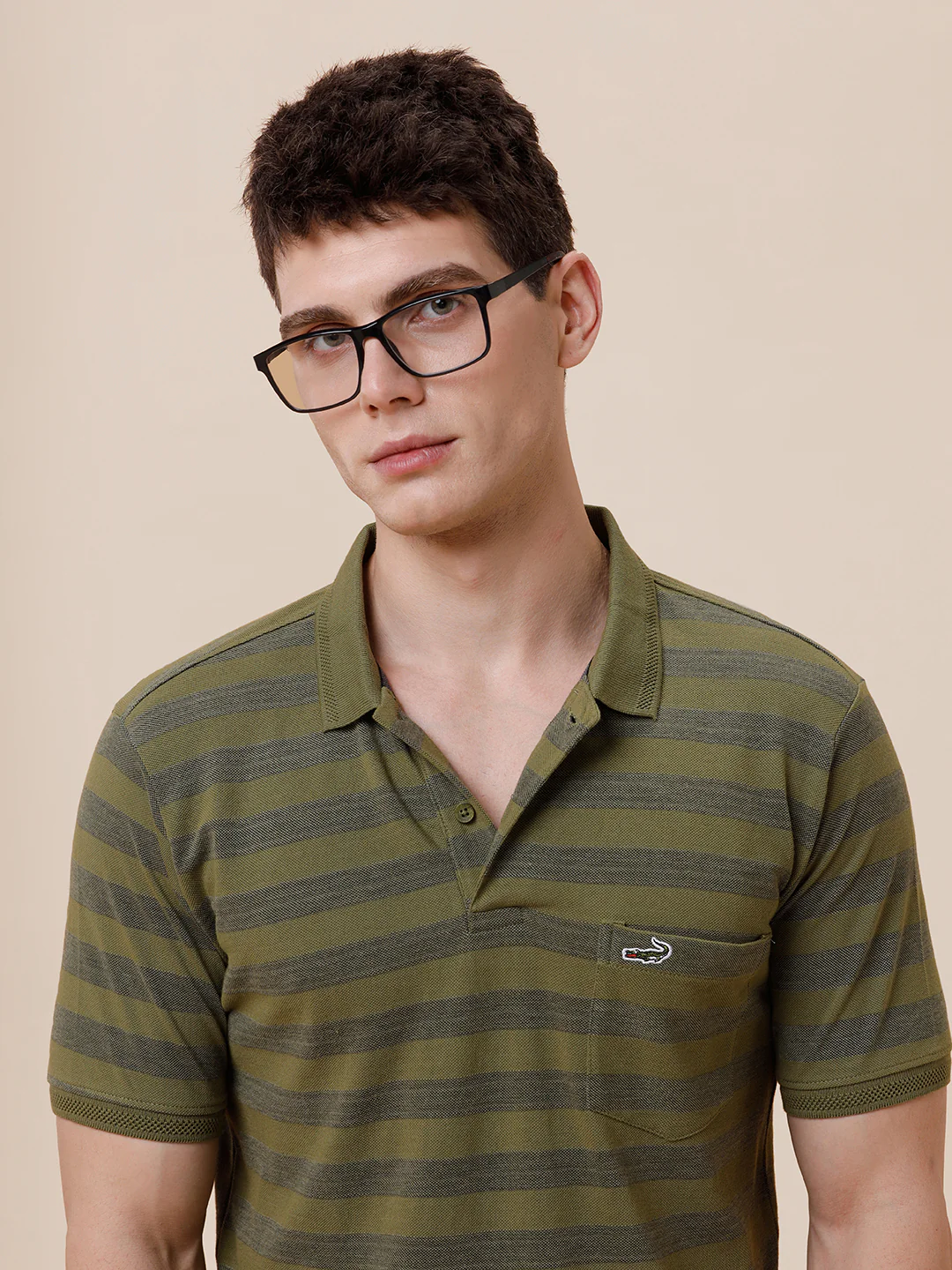 Tonal Melange 1X1 Striped Polo T-Shirt In Olive