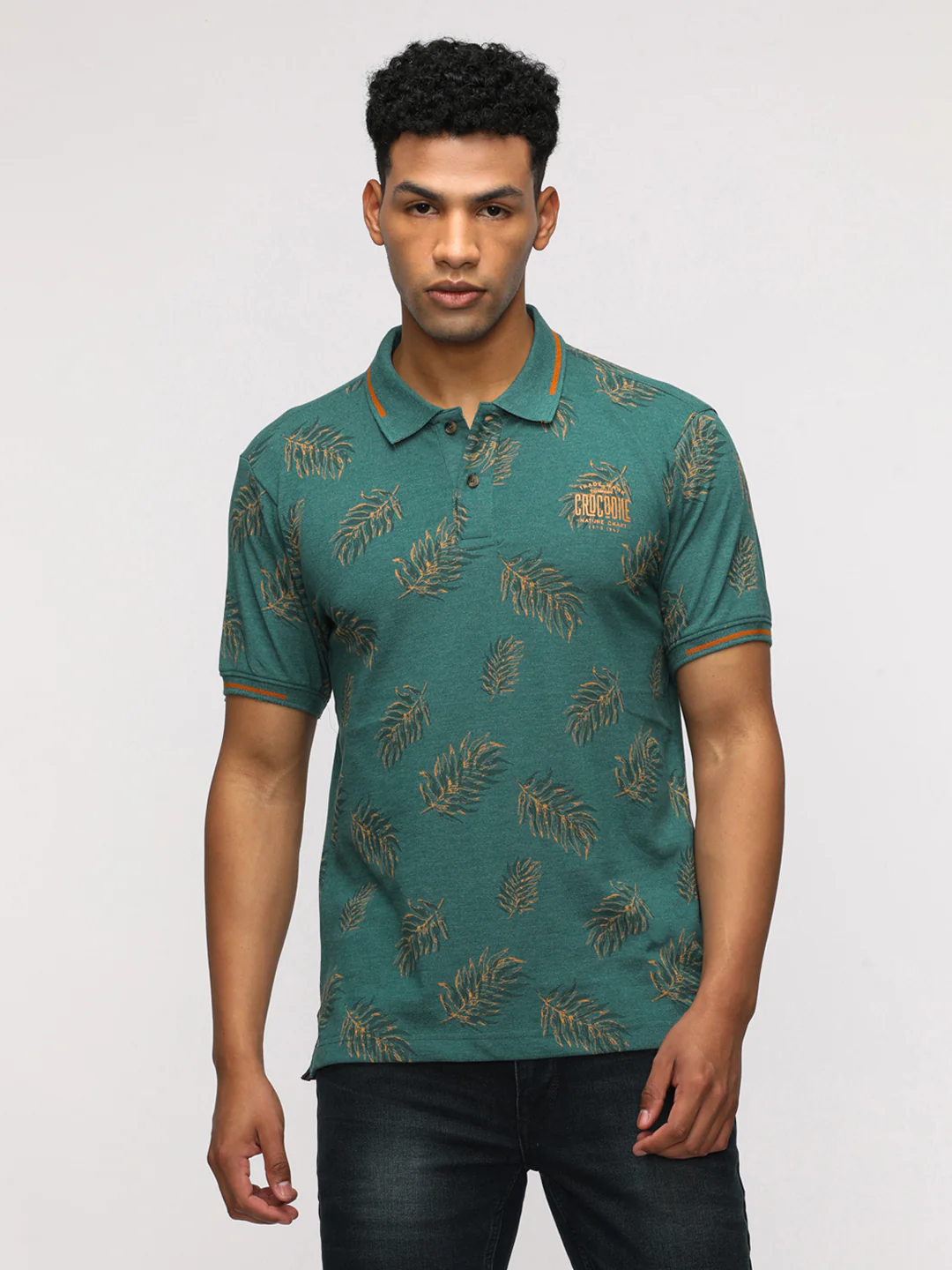 Polo Neck Sporty Green Melange T-Shirt with Pique
