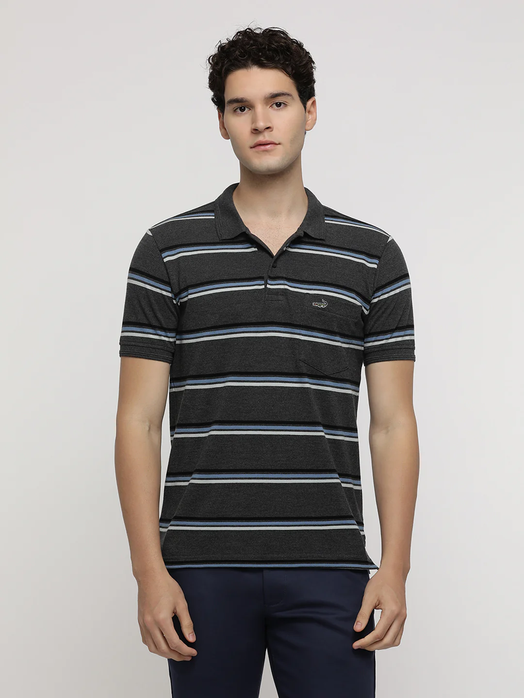 Anthra Melange Classic Striped Polo T-Shirt