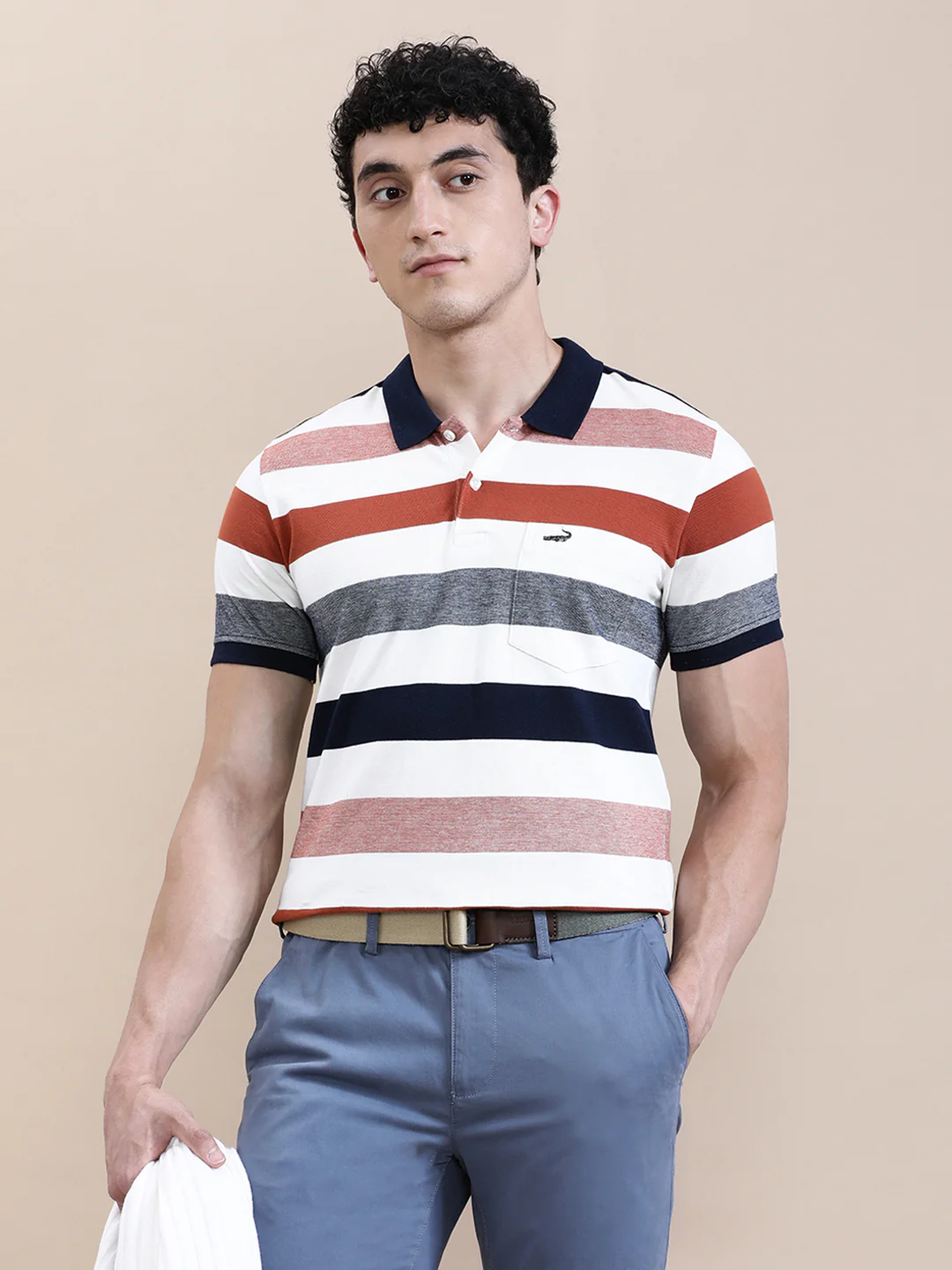 Multi Color Striped Slim Fit Polo Navy