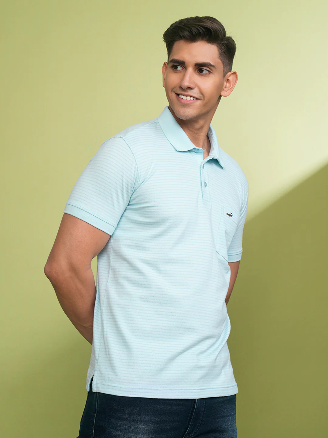 Solid Self Texture Polo T-Shirt in Powder Blue with Pocket