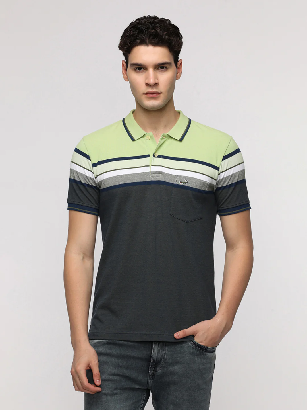 Engineered Jaquard Stripe Polo T-Shirt in Navy